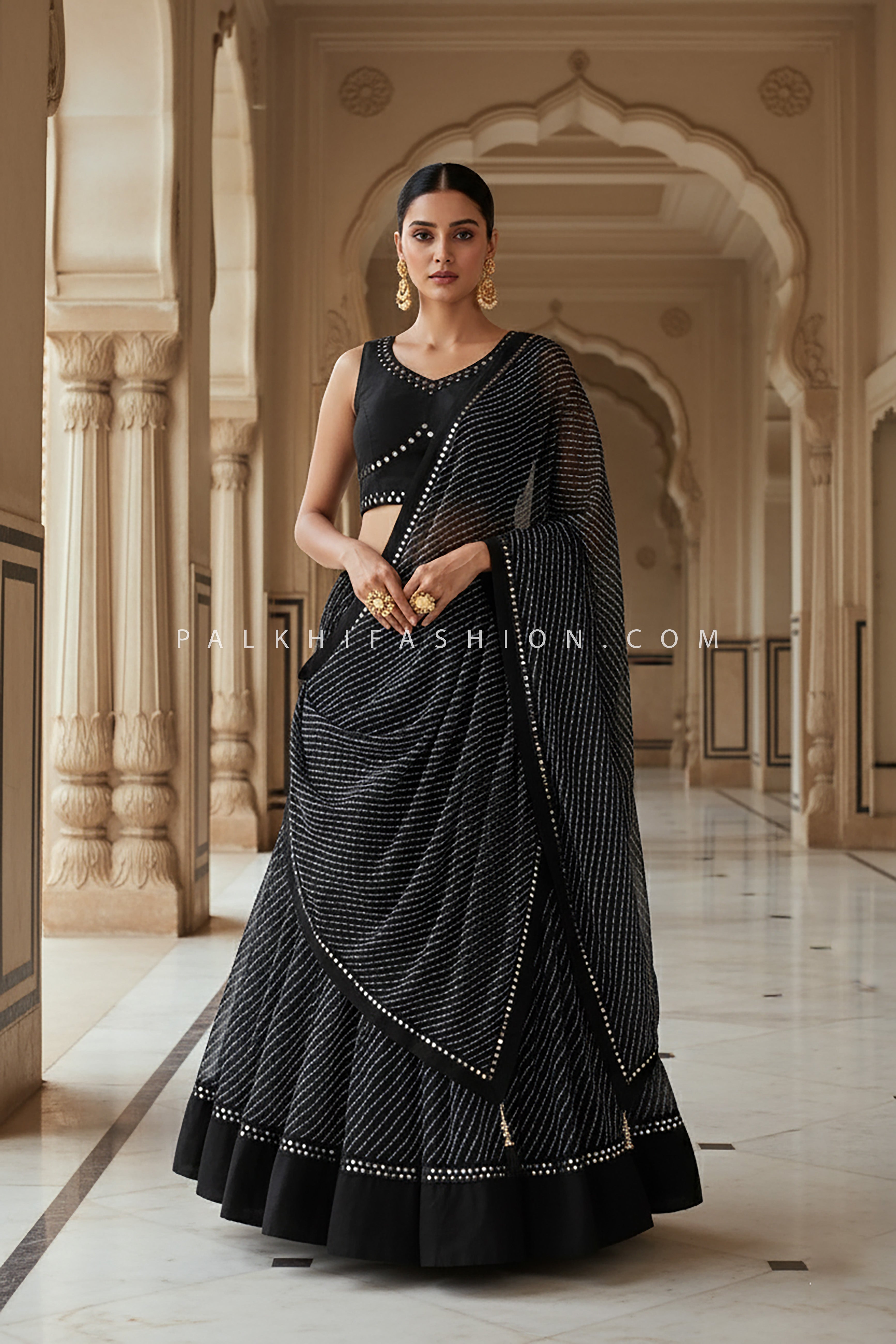 🖤 Midnight Mirage: Black Leheriya Navratri Chaniya Choli with Mirror Work – Palkhi Fashion
