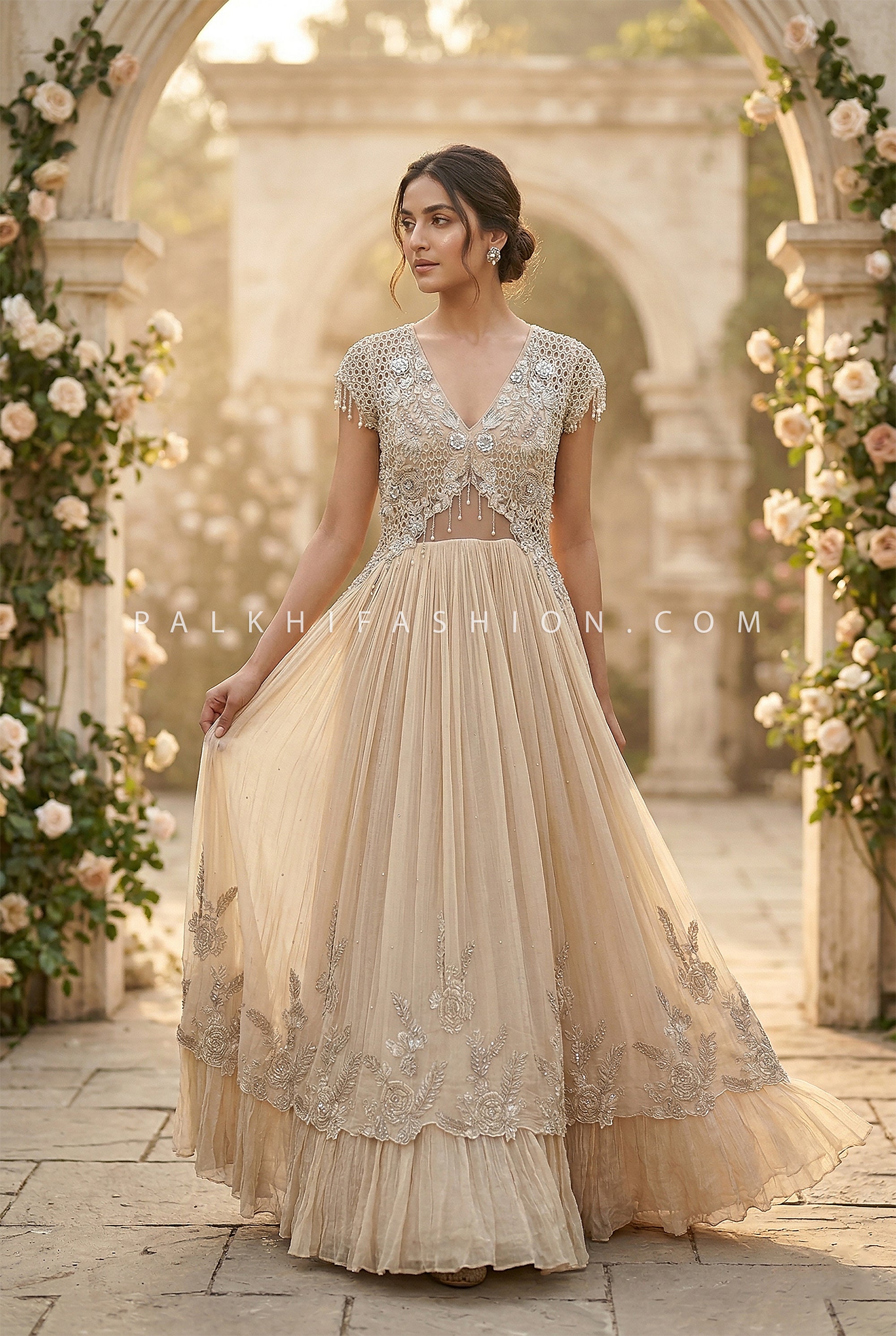 Soft Luxe Romance – Hand Embroidered Illusion Gown – Palkhi Fashion