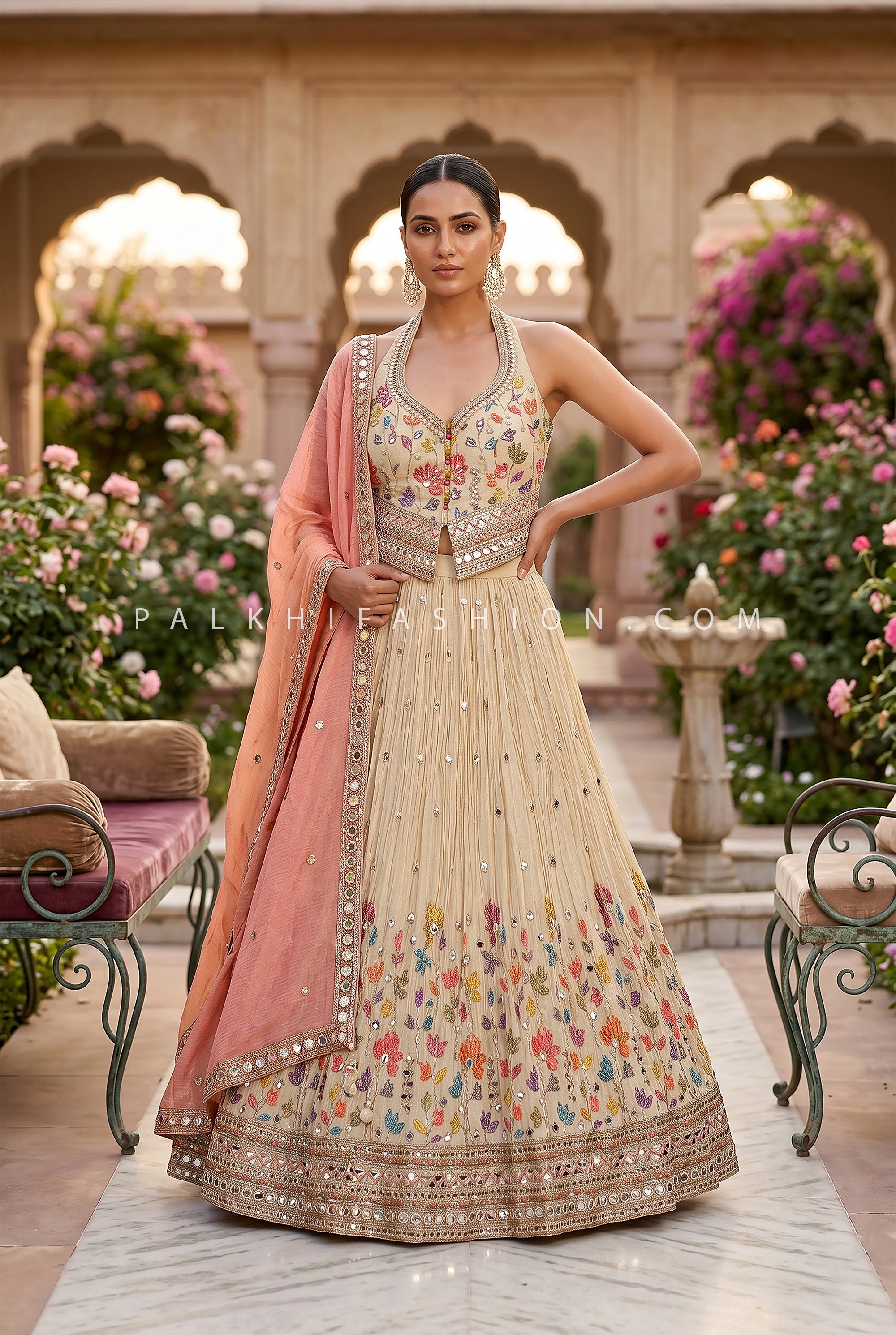 Floral Luxe Glow - Ivory Designer Lehenga with Handwork Halter Blouse | Palkhi Fashion