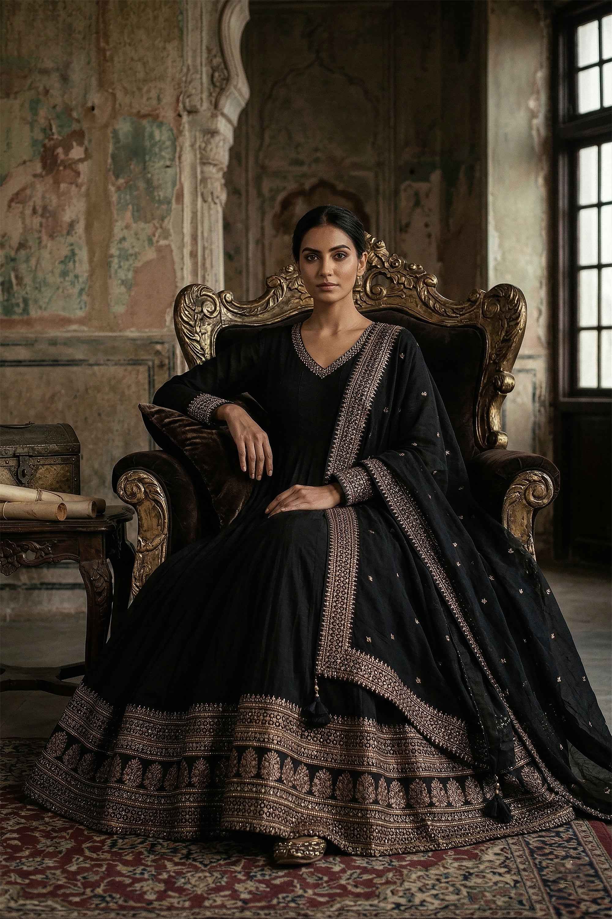 classic anarkali dress Classic Couture Muse – Elegant Black Designer Silk Gown with Dupatta –  Palkhi Fashion