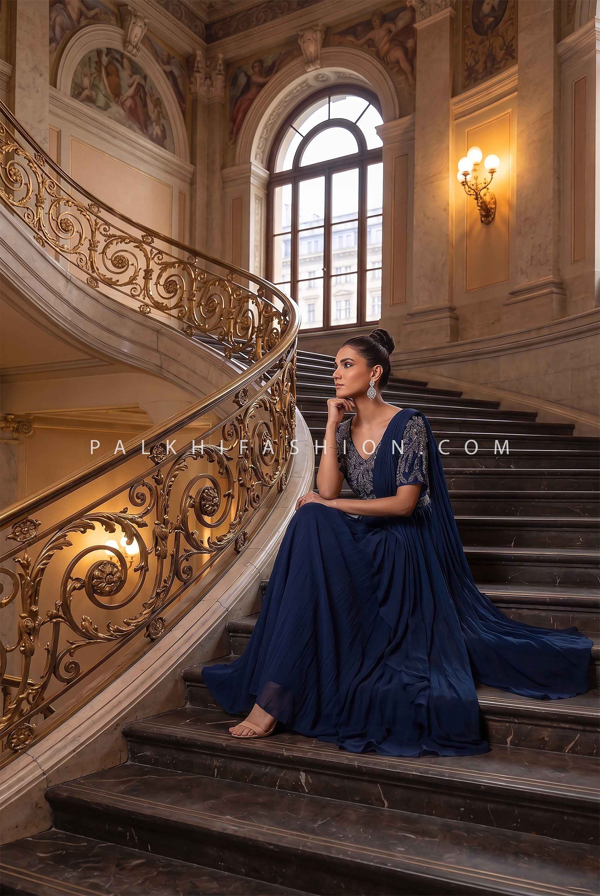 Midnight Cascade Glow - Navy Blue Designer Indo Western Dress Set | Palkhi Fashion