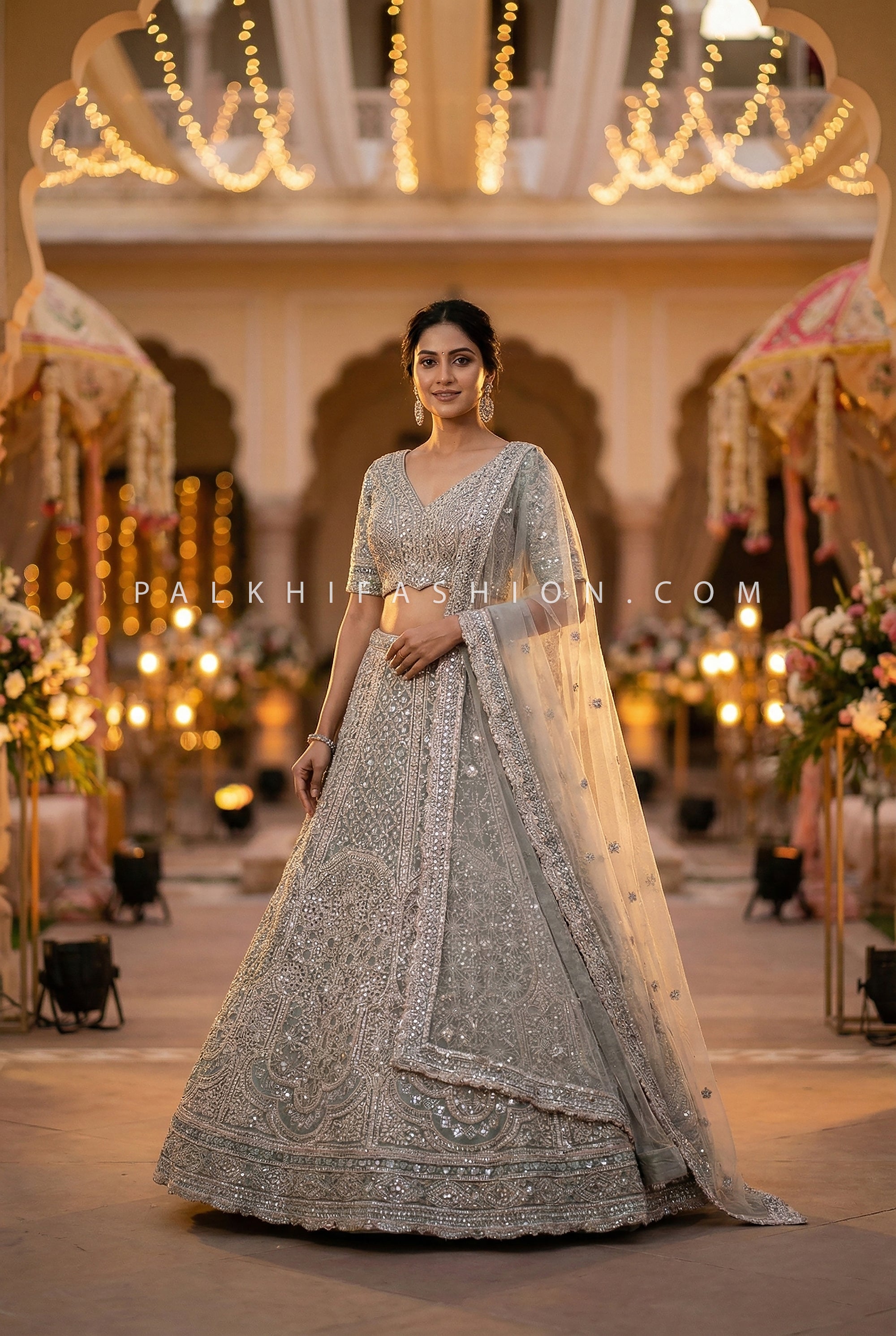 Dusty Seafoam Green Lehenga Choli With Jaal Work | Palkhi Fashion Houston