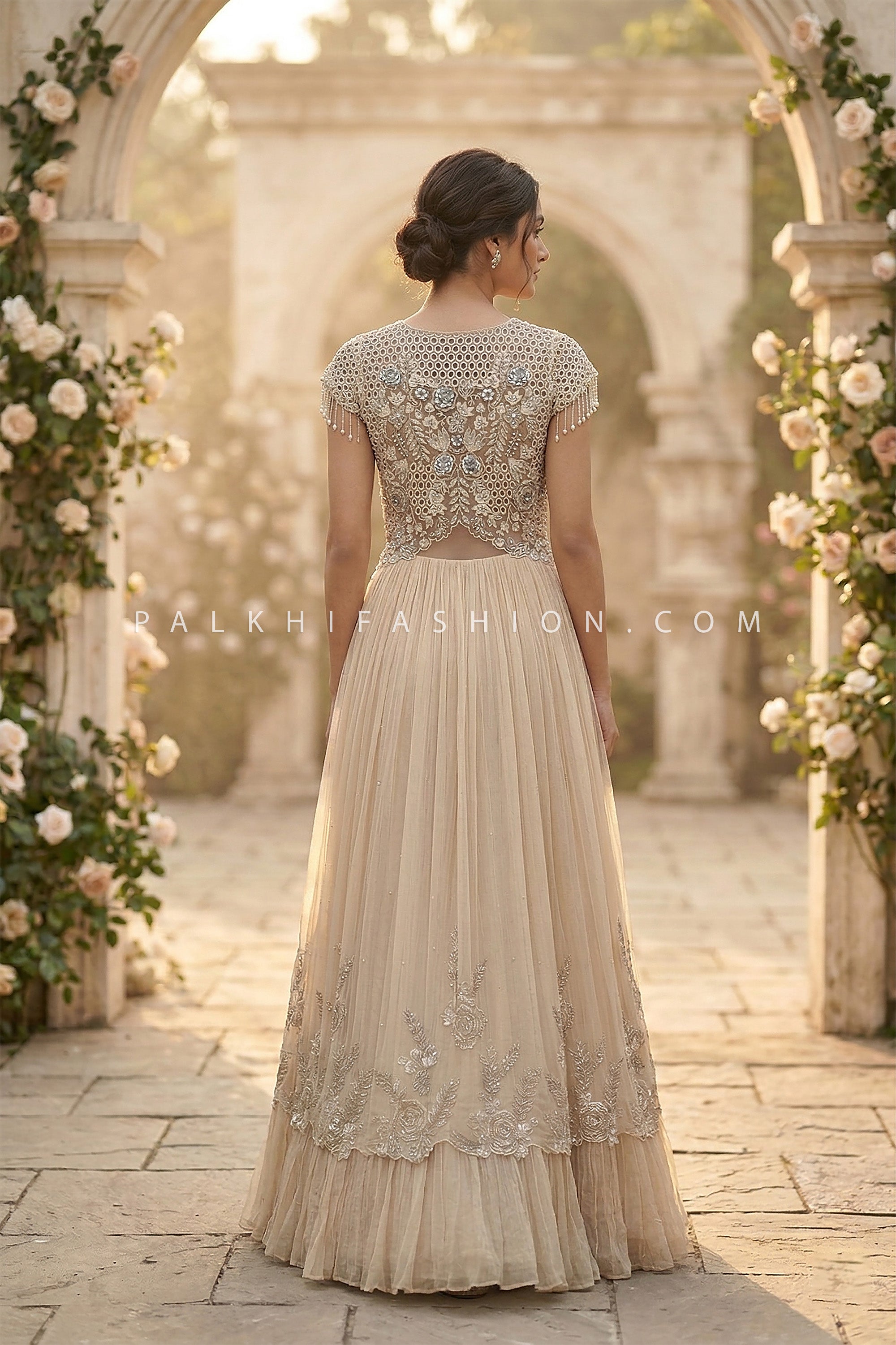 Soft Luxe Romance – Hand Embroidered Illusion Gown – Palkhi Fashion