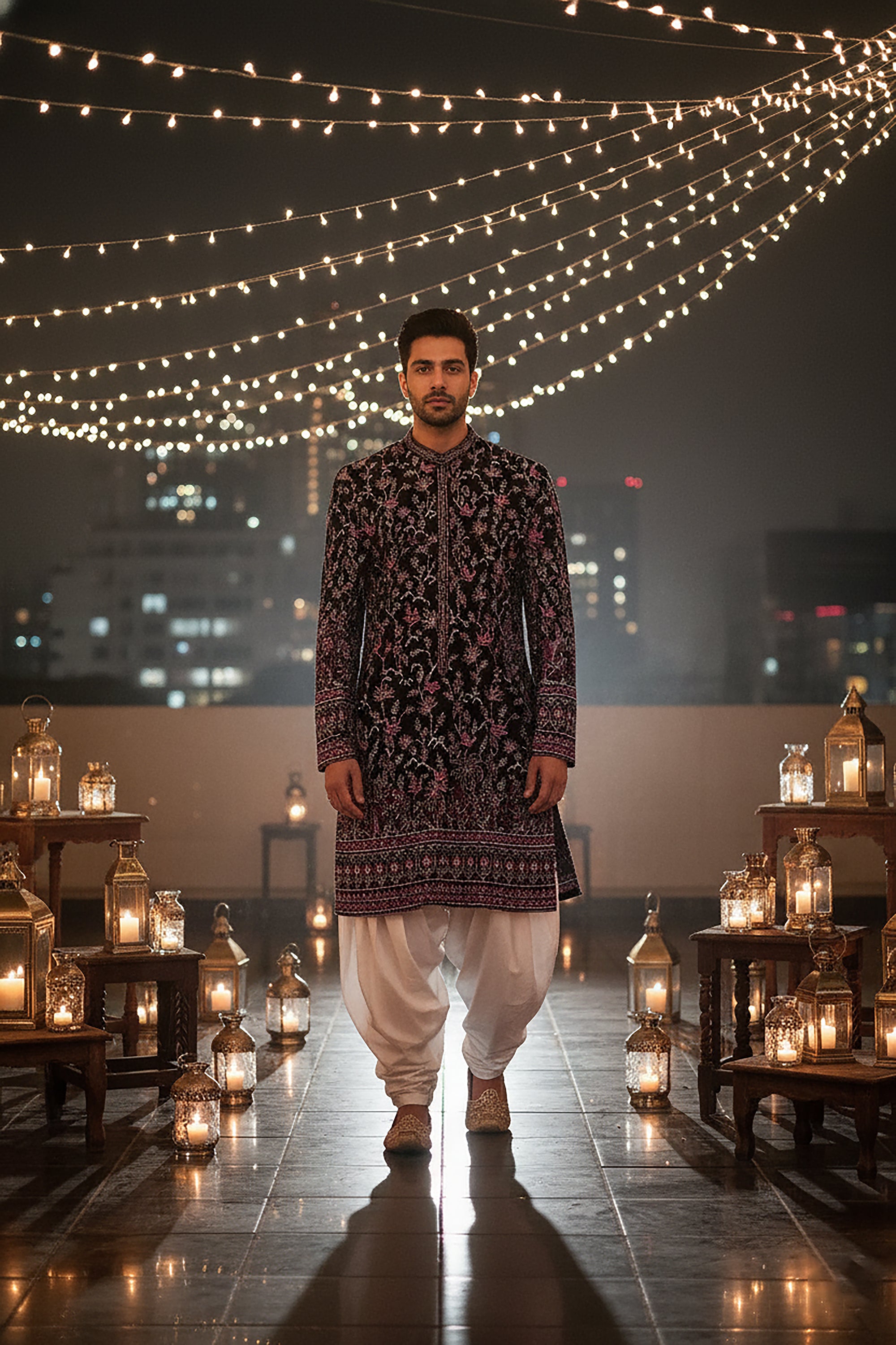 Midnight Majesty: Velvet Embroidered Kurta with Royal Motifs – Palkhi Fashion