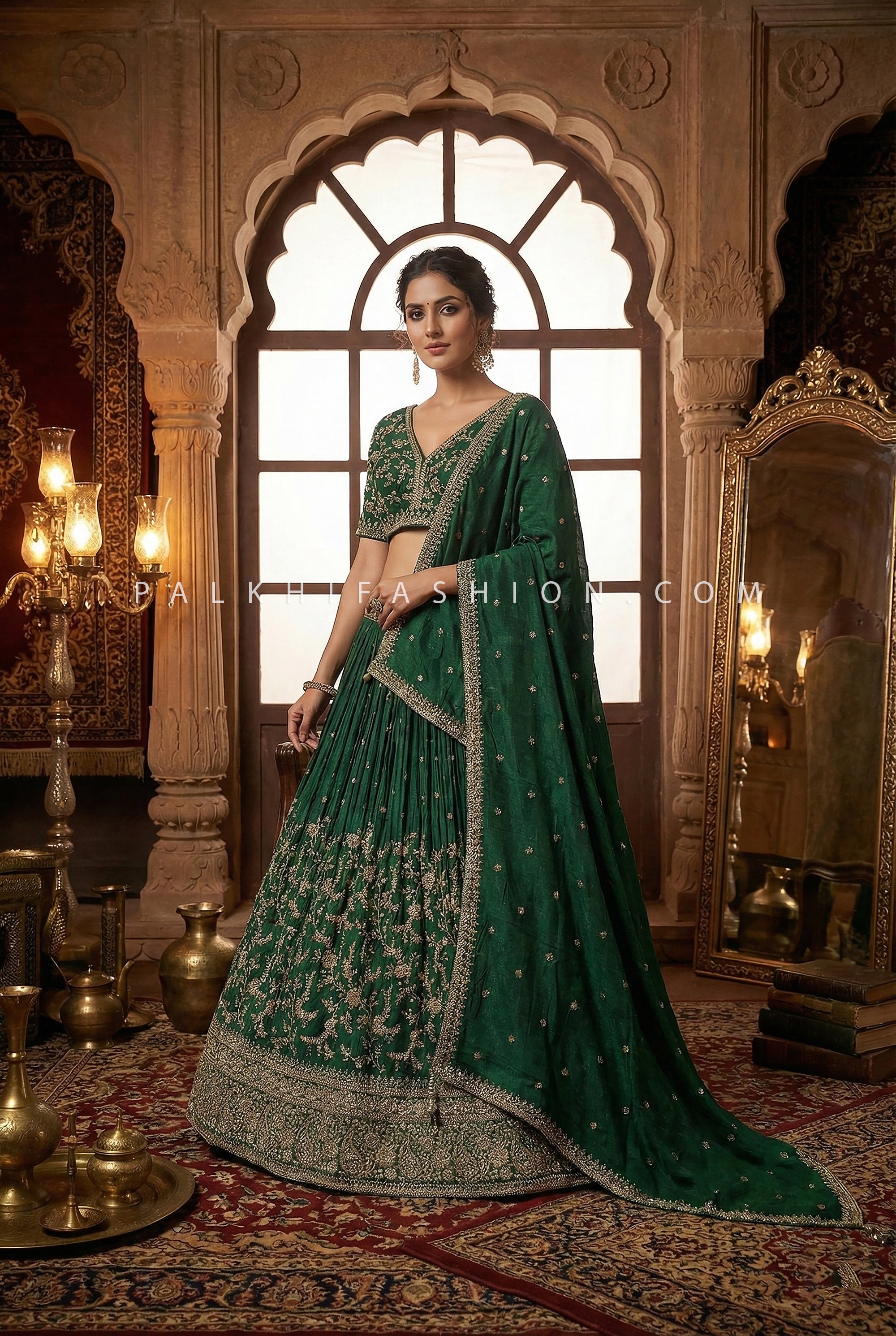 Heritage Green Grandeur- Emerald Green Lehenga Choli with Intricate Embroidery