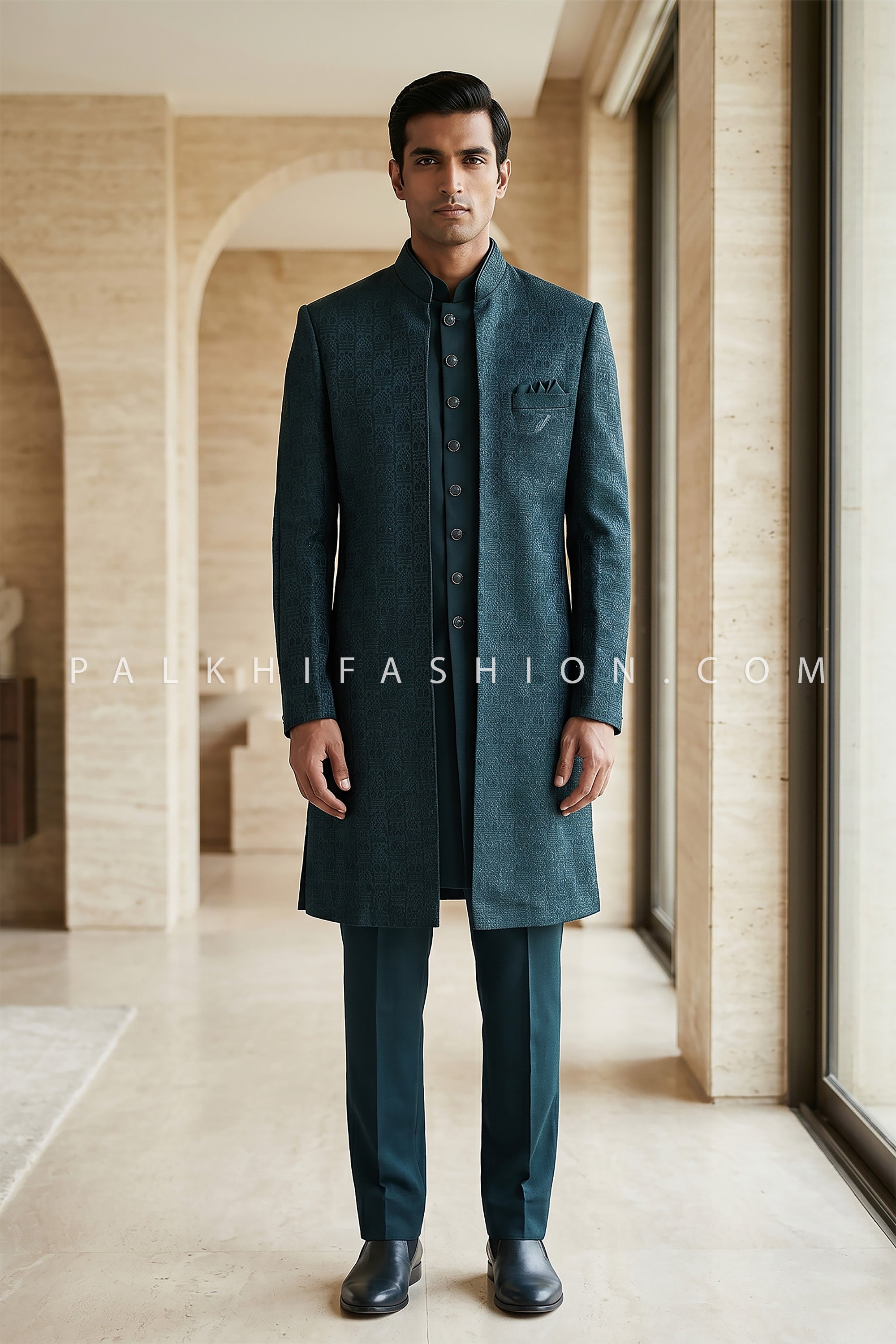 Light Teal Silk Blend Indo Western with Micro stone & Premium Woven Texture | Palkhi Fashion