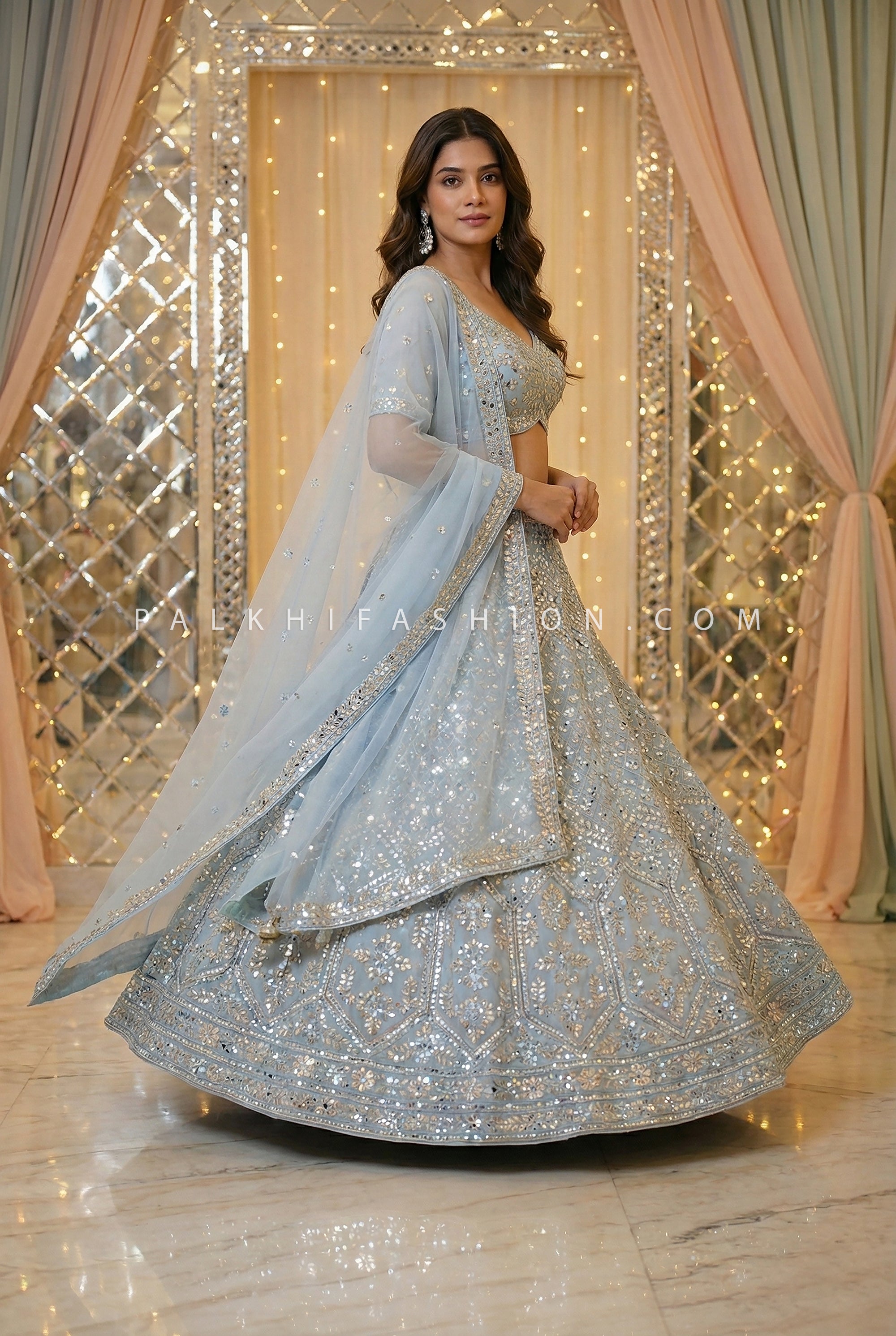 Celestial Powder Blue - Heavy Mirror Work Soft Silk Lehenga Choli- Palkhi Fashion USA