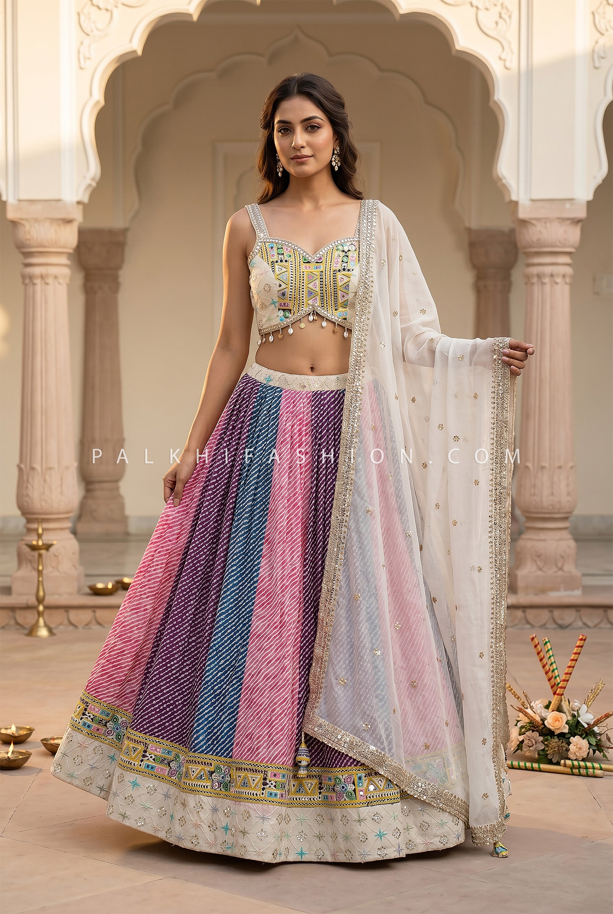 Moonlit Garba Luxe – Multicolor Leheriya Navratri Chaniya Choli | Palkhi Fashion