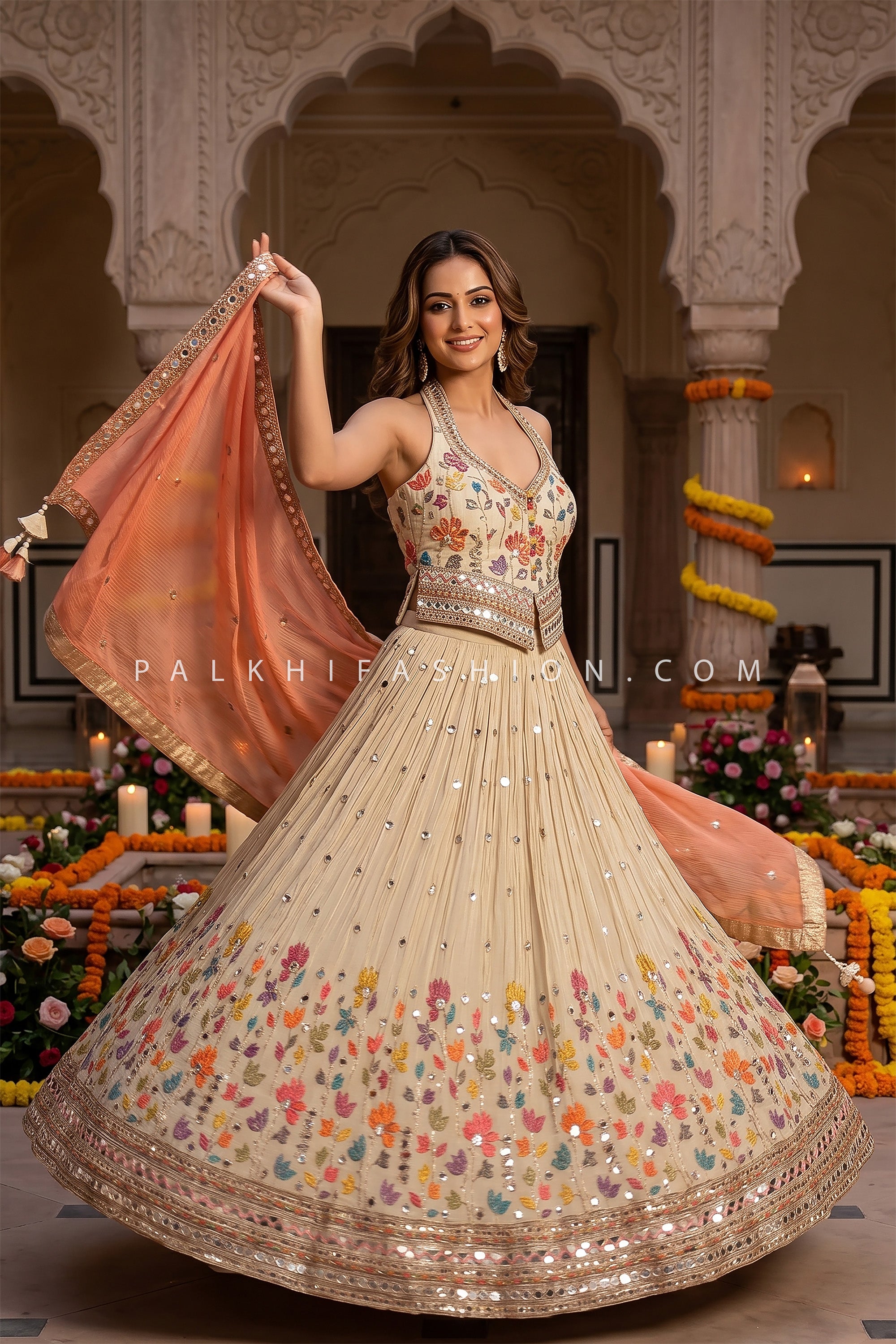 Floral Luxe Glow - Ivory Designer Lehenga with Handwork Halter Blouse | Palkhi Fashion