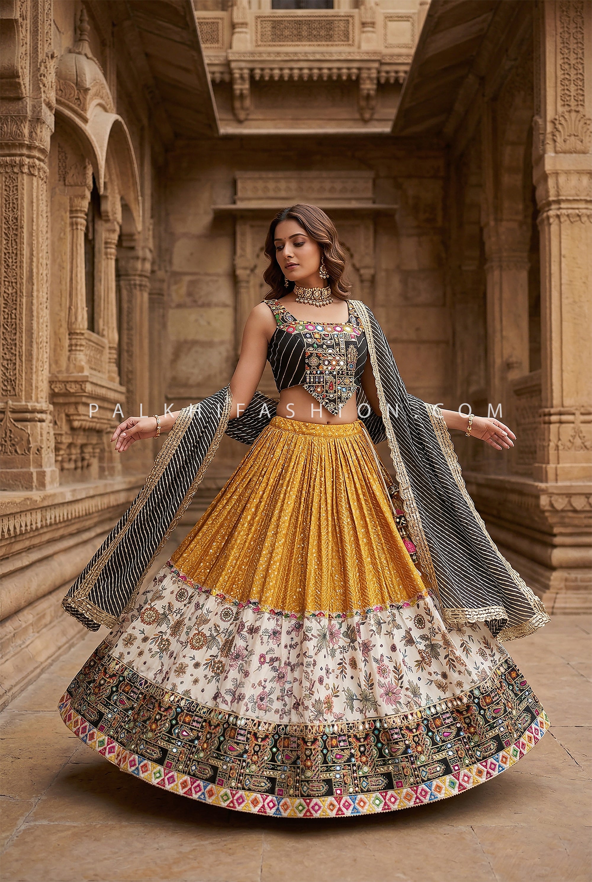 Mustard Bandhani Embroidery Chaniya Choli with Stylish Blouse – Palkhi Fashion