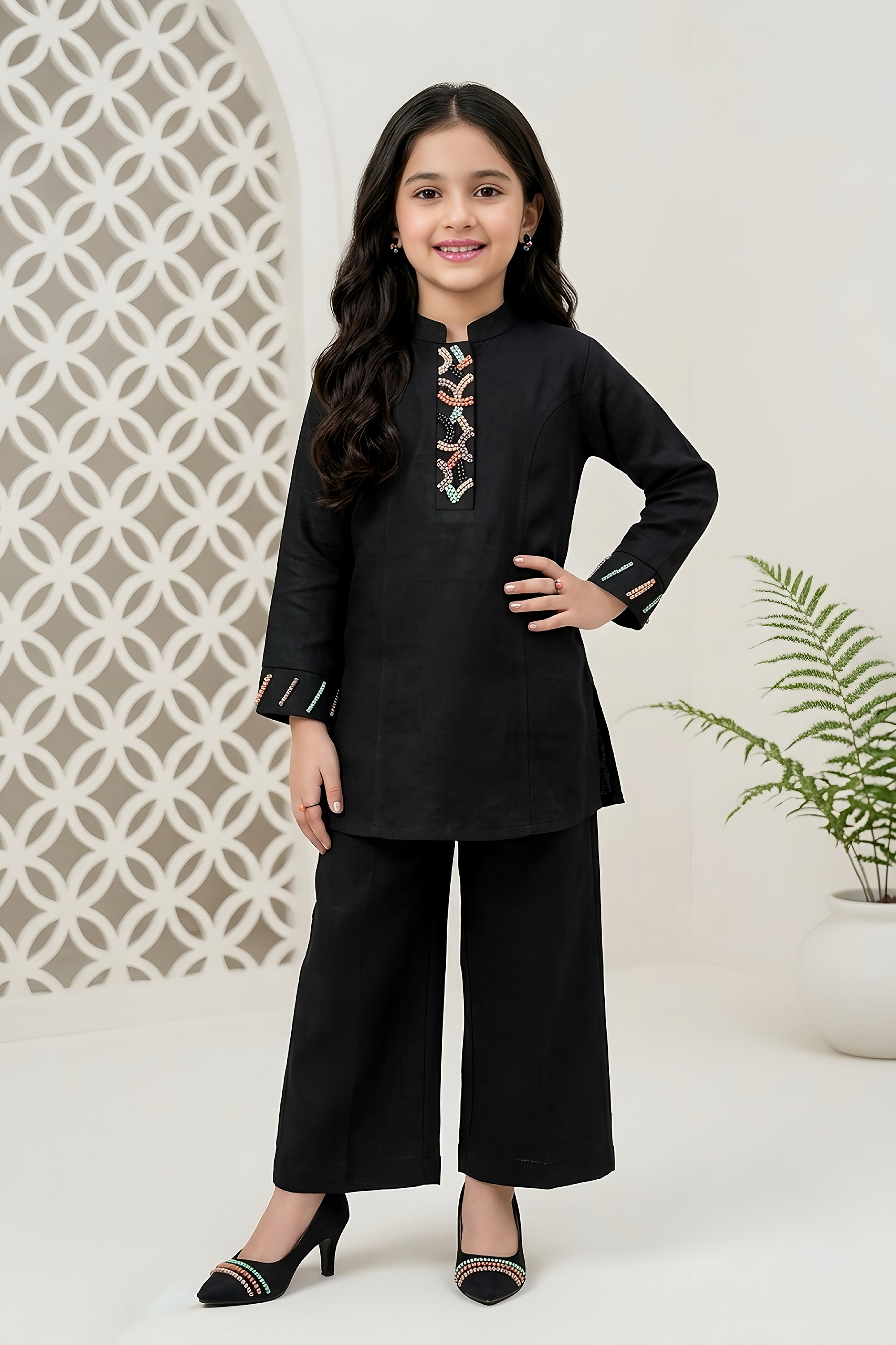 Playful Elegance | Black Girls Co Ord Sets with Multi-Color Embellishments | Palkhi Fashion