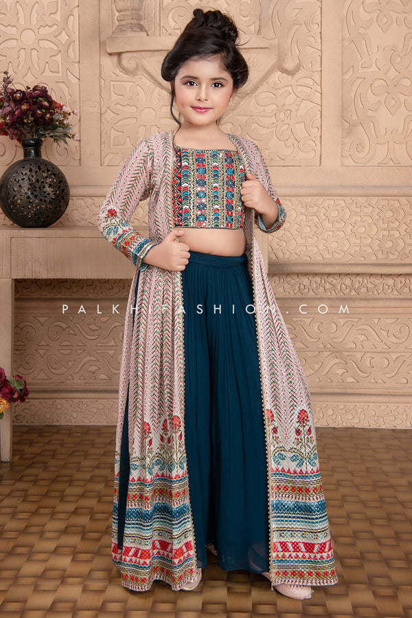Girls Designer Palazzo Outfit with Embellished Jacket & Blouse