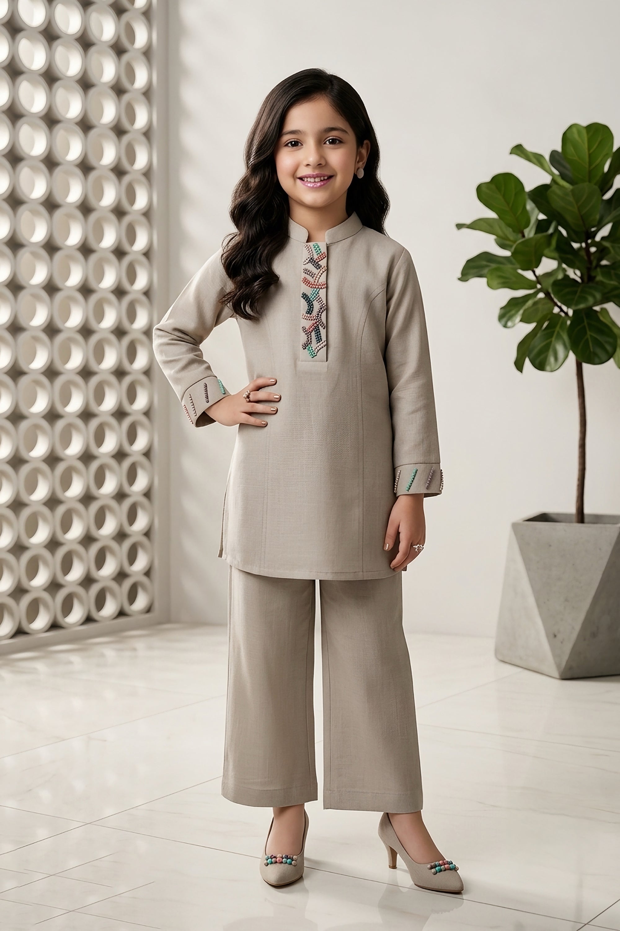 Gray Girls Kurta Co-ord Set with Multi-Color Embellishments | Palkhi Fashion
