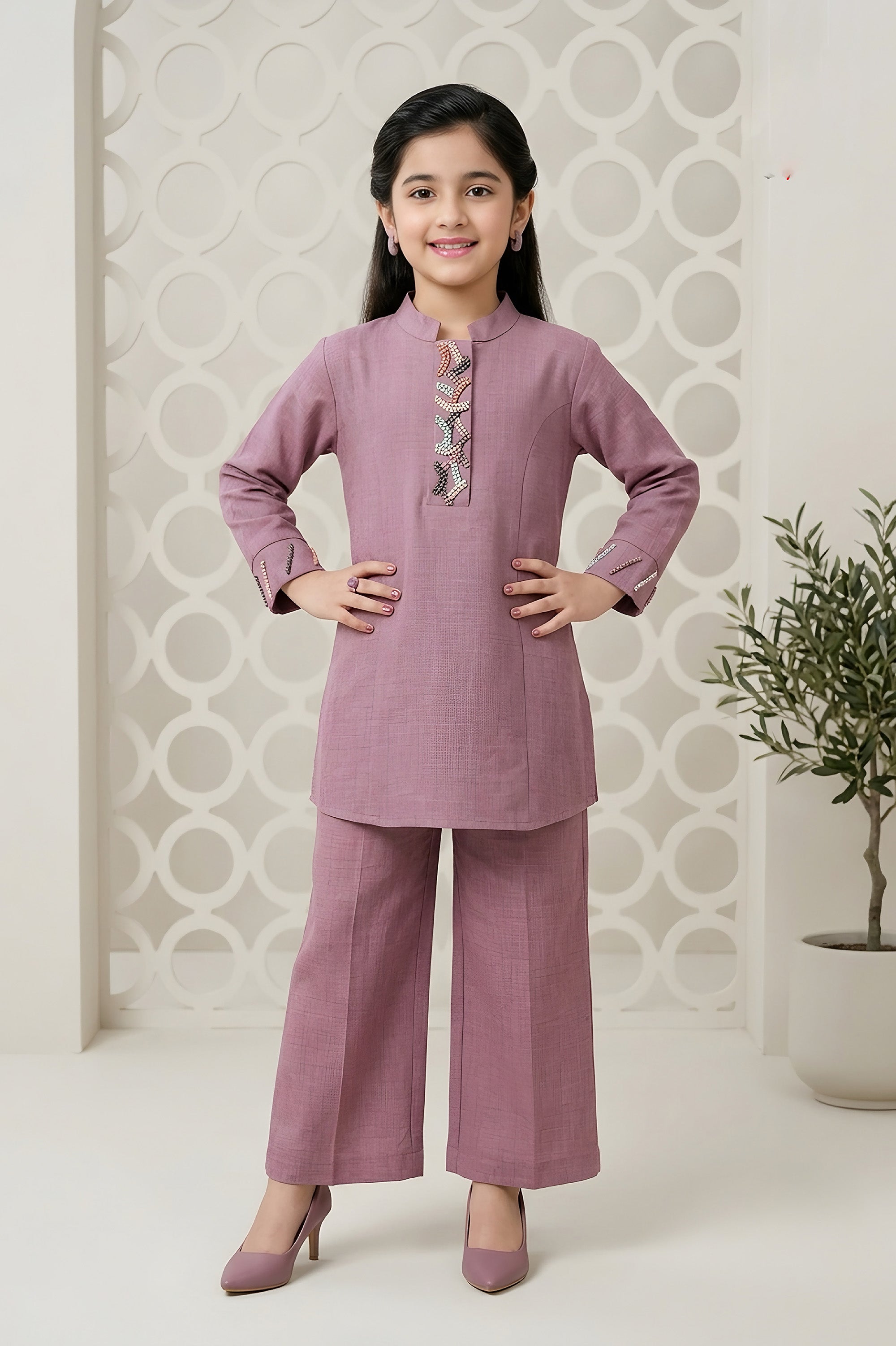 Mauve Girls Kurta Co-ord Set with Multi-Color Embellishments | Palkhi Fashion