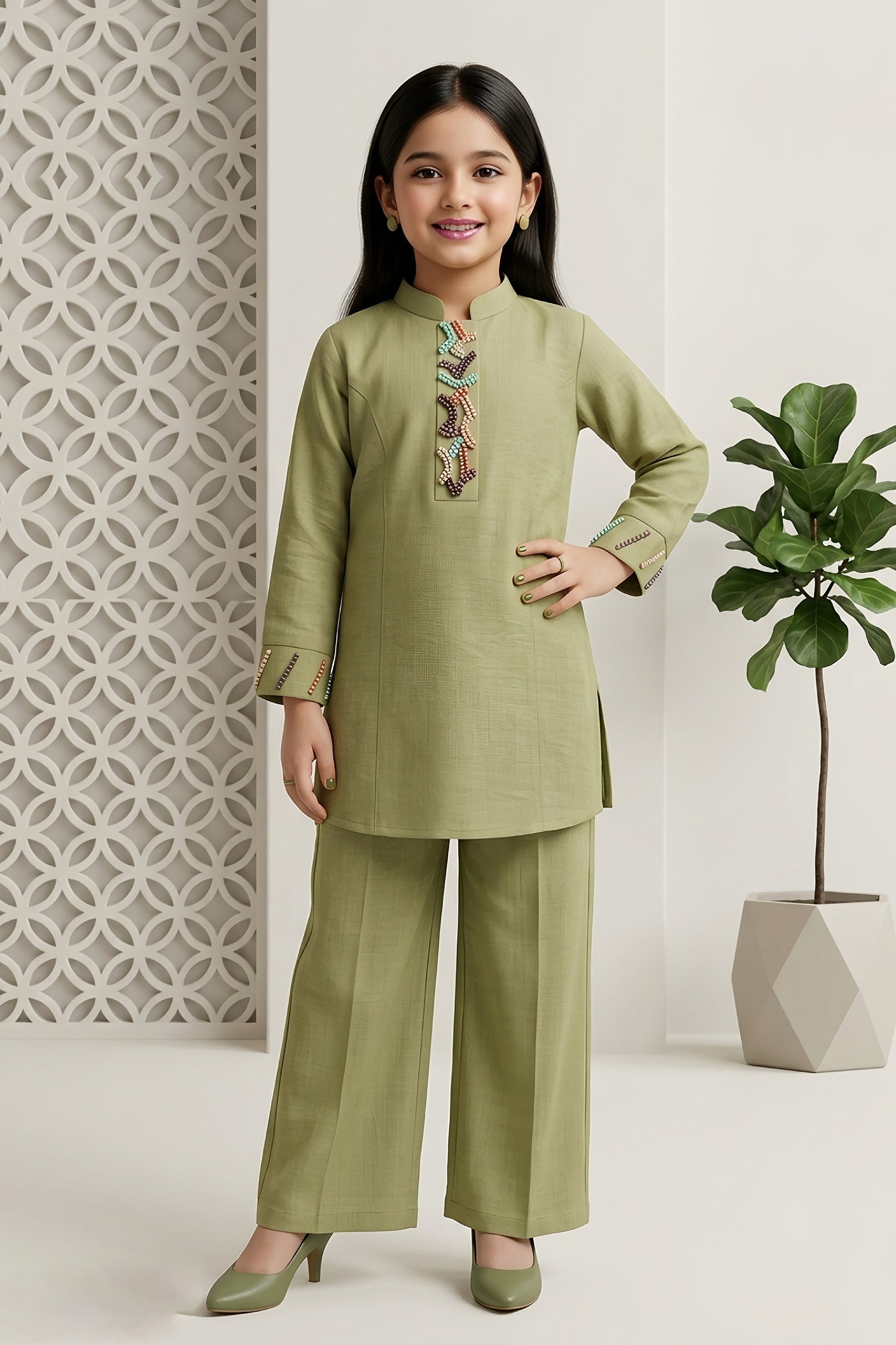 Olive Green Girls Kurta Co-ord Set with Multi-Color Embellishments | Palkhi Fashion