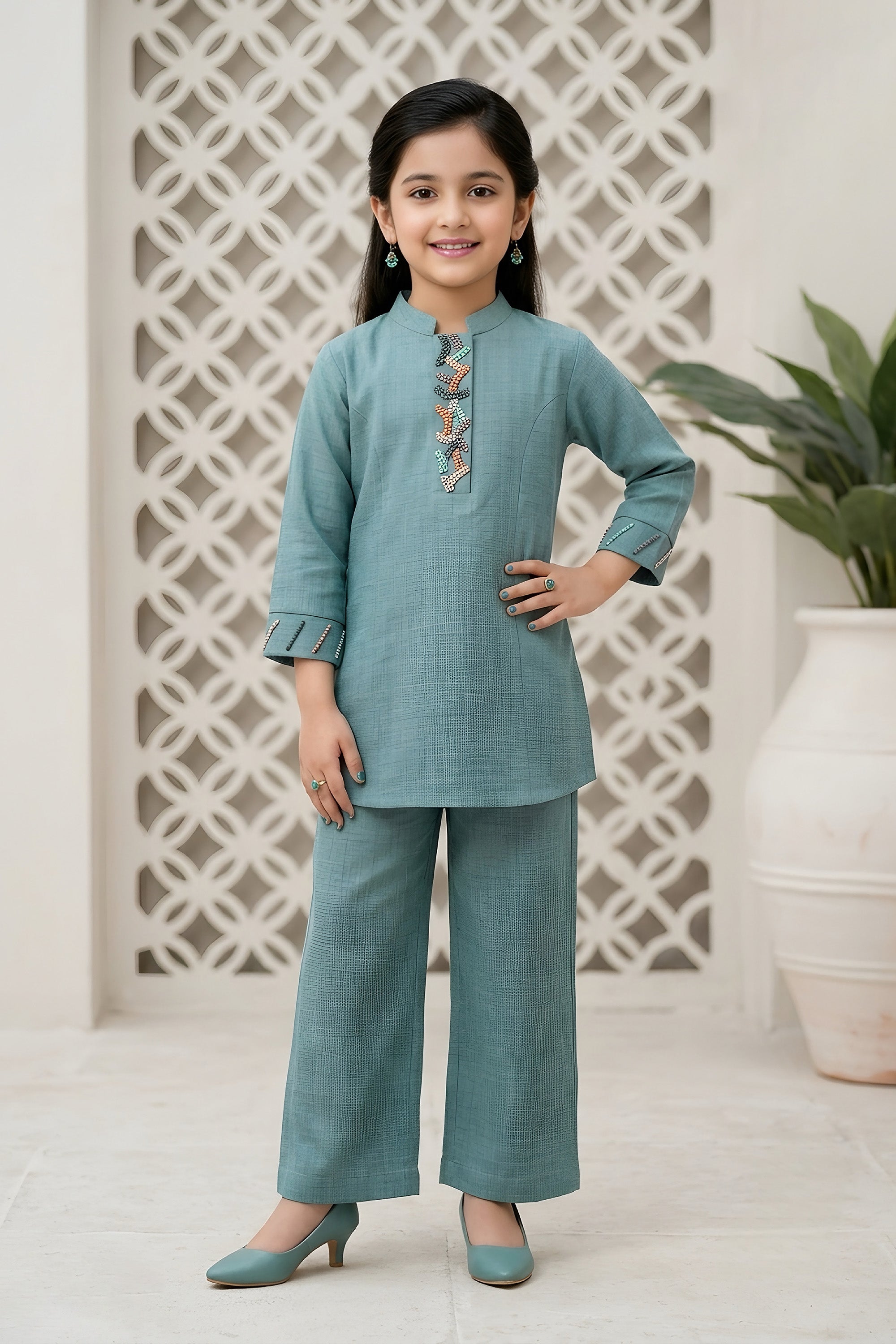 Teal Blue Girls Kurta Co-ord Set with Multi-Color Embellishments | Palkhi Fashion