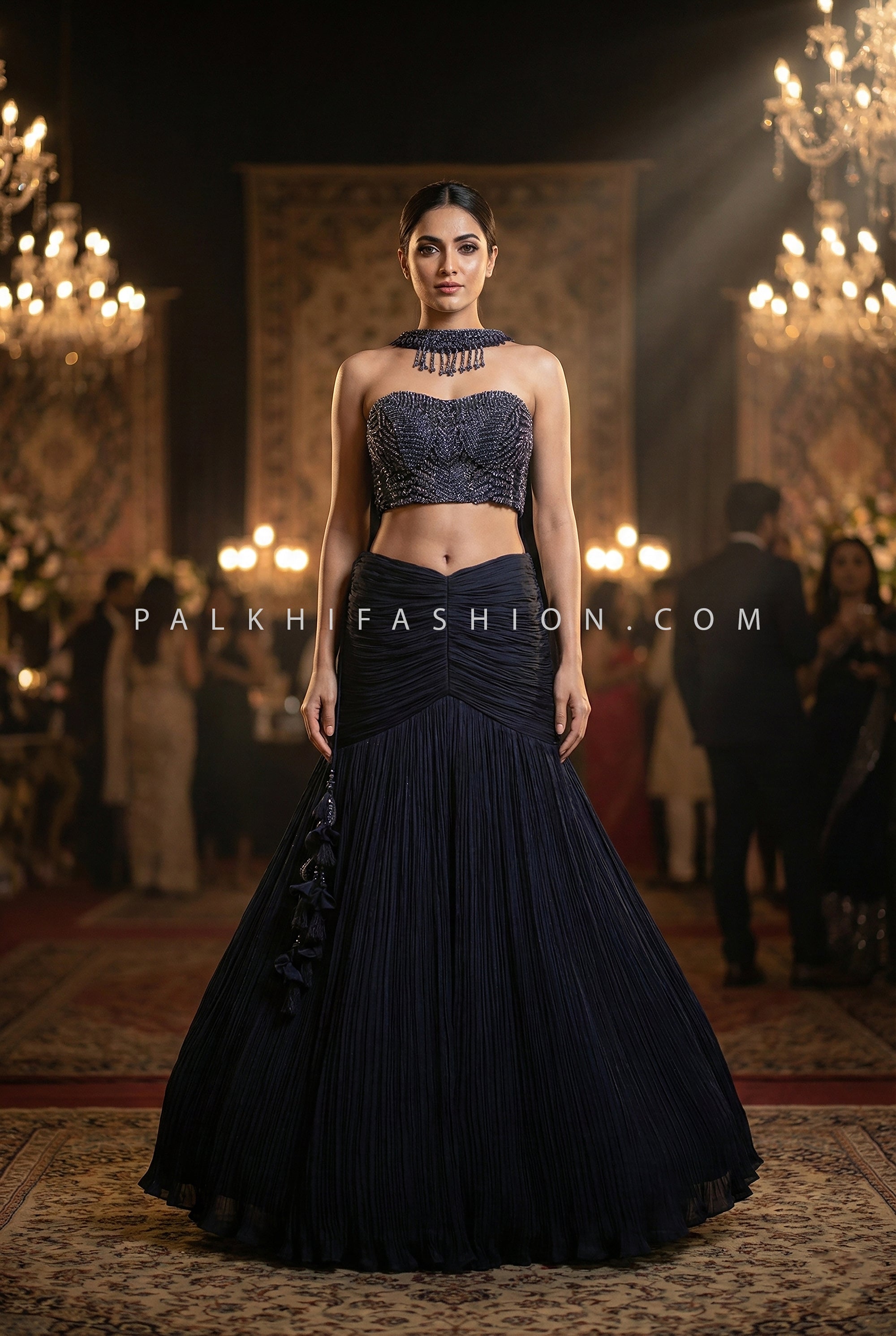 Glamorous Midnight Blue Mermaid Indo-Western Lehenga with Beaded Corset & Choker | Palkhi Fashion
