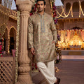 Mor Mahal | Gold Banarasi Silk Peacock Motif Kurta Set with Mirror Work | Palkhi Fashion