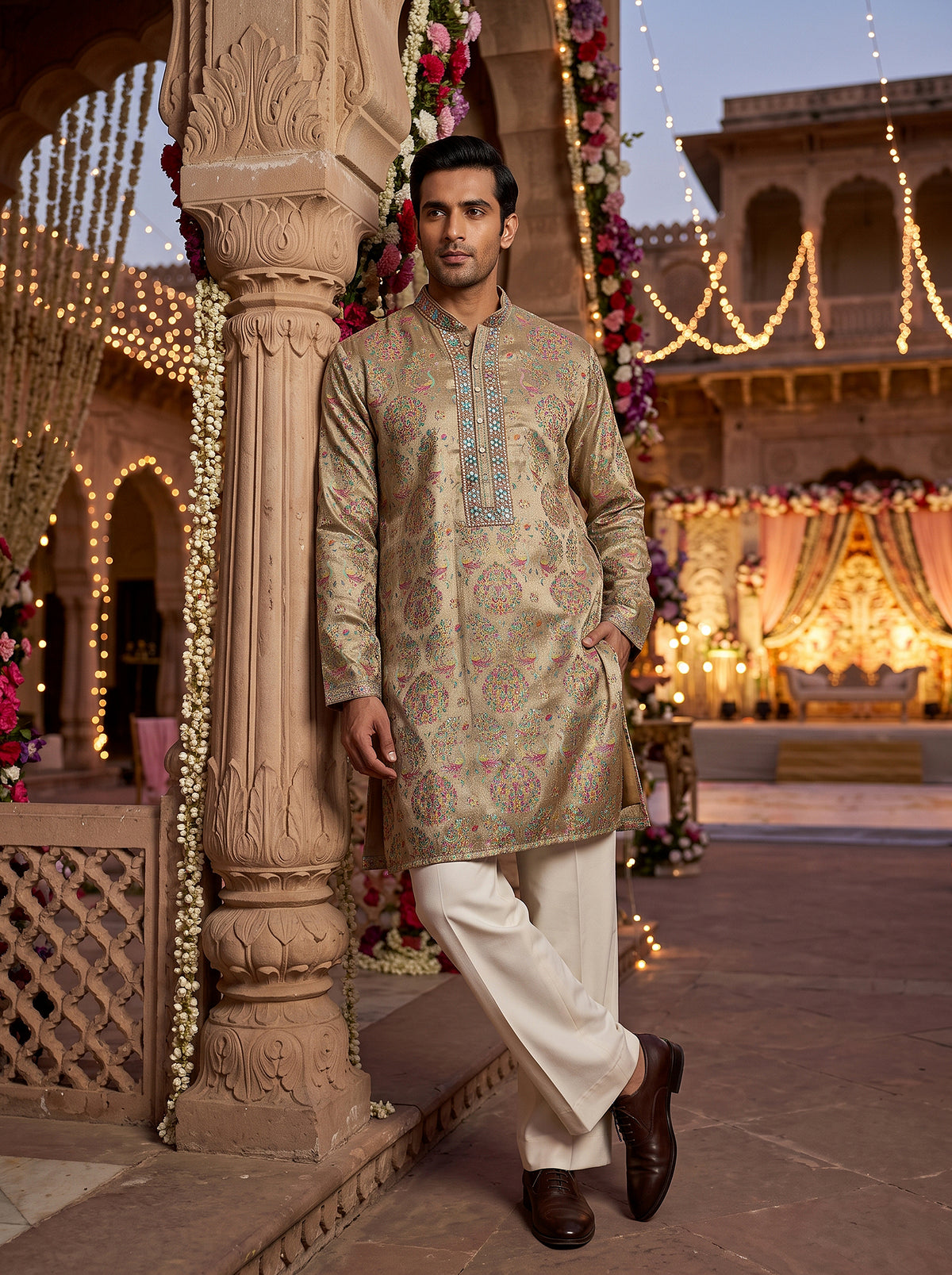 Mor Mahal | Gold Banarasi Silk Peacock Motif Kurta Set with Mirror Work | Palkhi Fashion