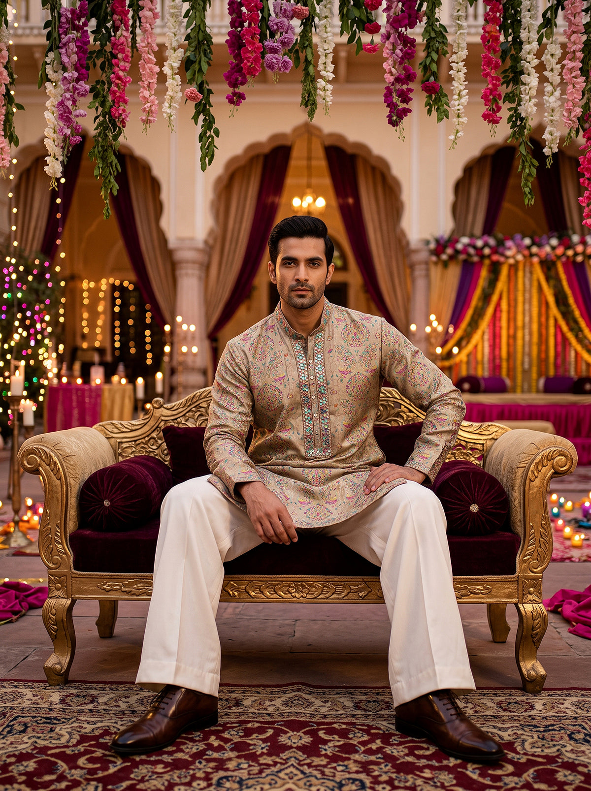 Mor Mahal | Gold Banarasi Silk Peacock Motif Kurta Set with Mirror Work | Palkhi Fashion