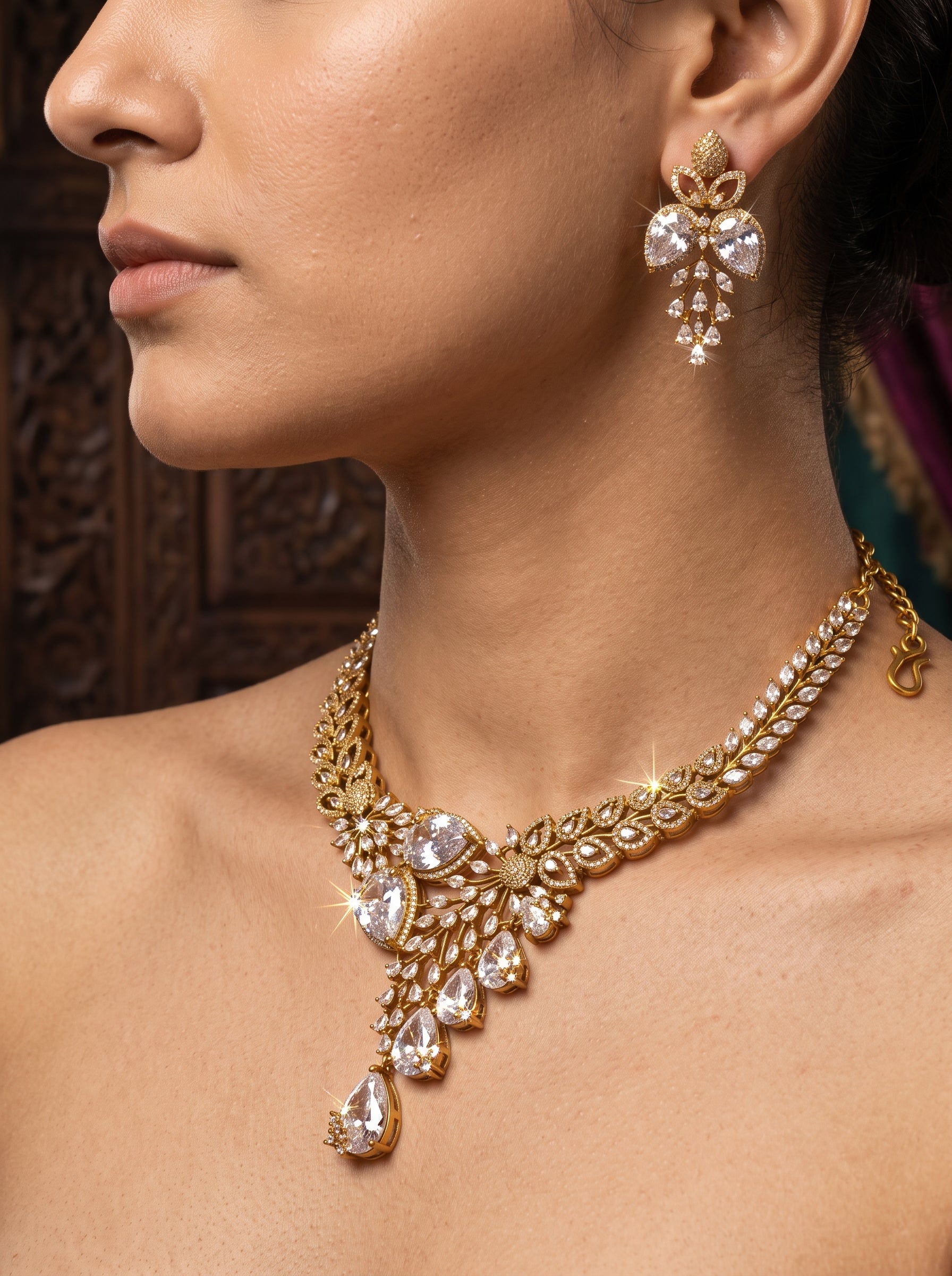 Radiant Cascade | Gold Finish American Diamond Statement Necklace Set | Palkhi Fashion