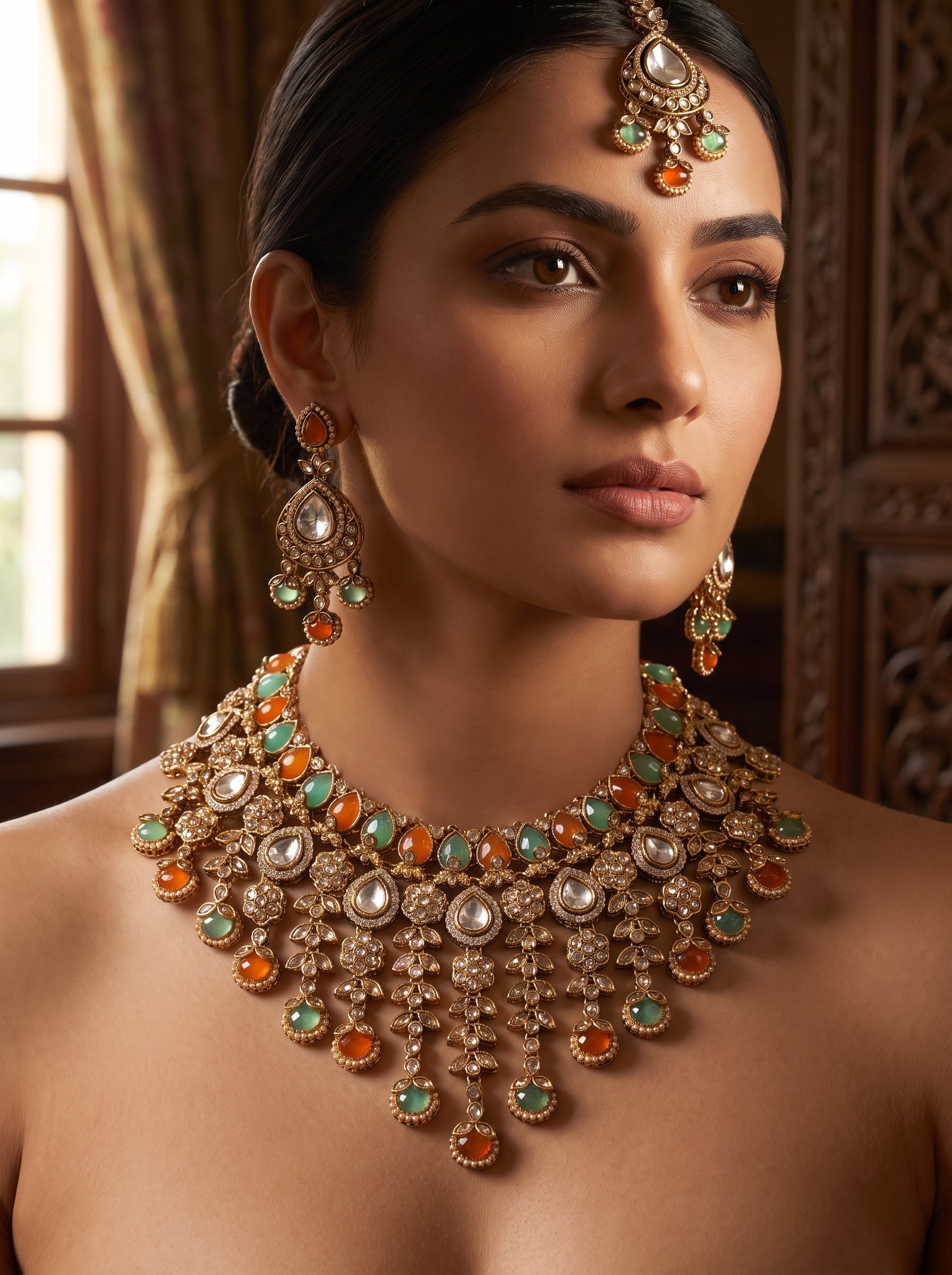 Luxurious Gold Polki Bridal Necklace Set | Palkhi Fashion