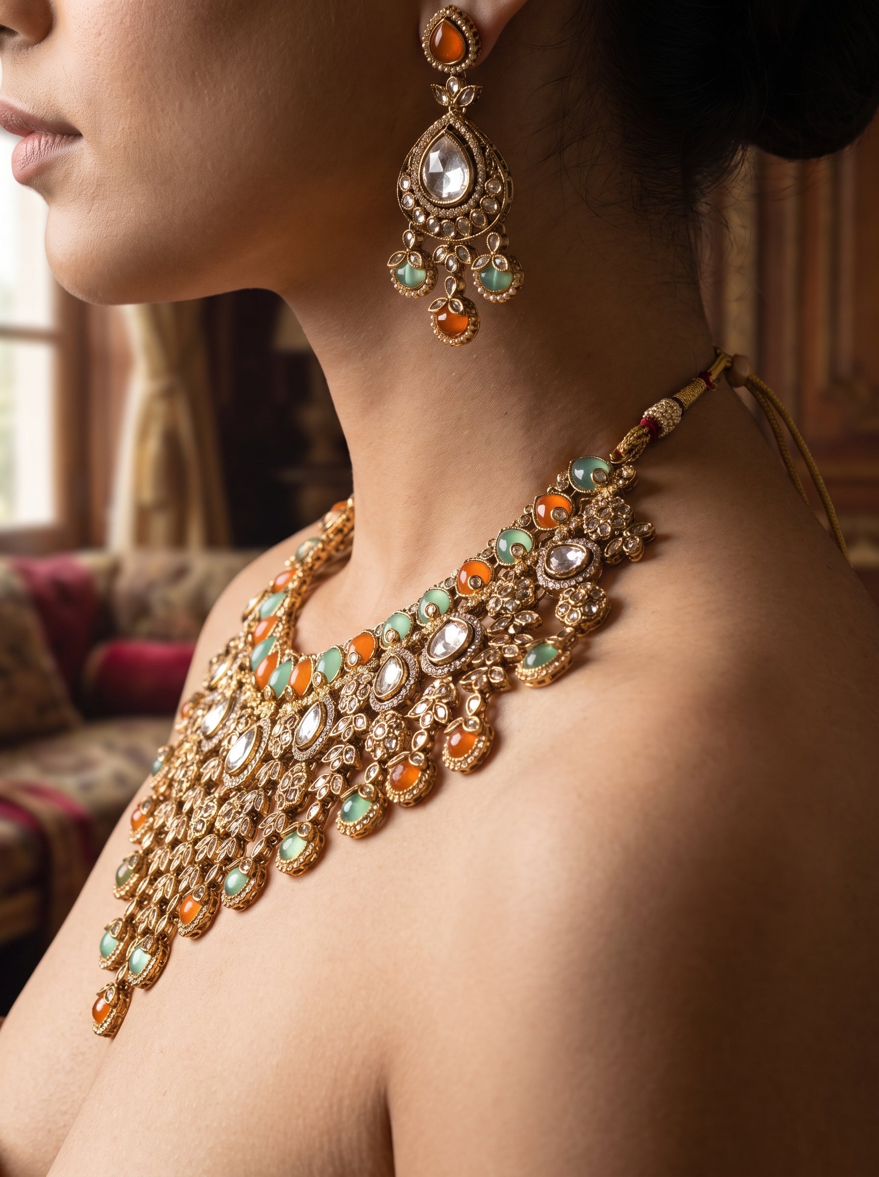 Luxurious Gold Polki Bridal Necklace Set | Palkhi Fashion