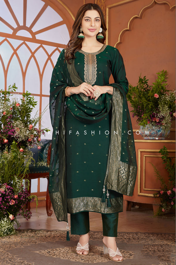 Graceful Dark Green Straight-Cut Suit with Handwork & Weaving Dupatta