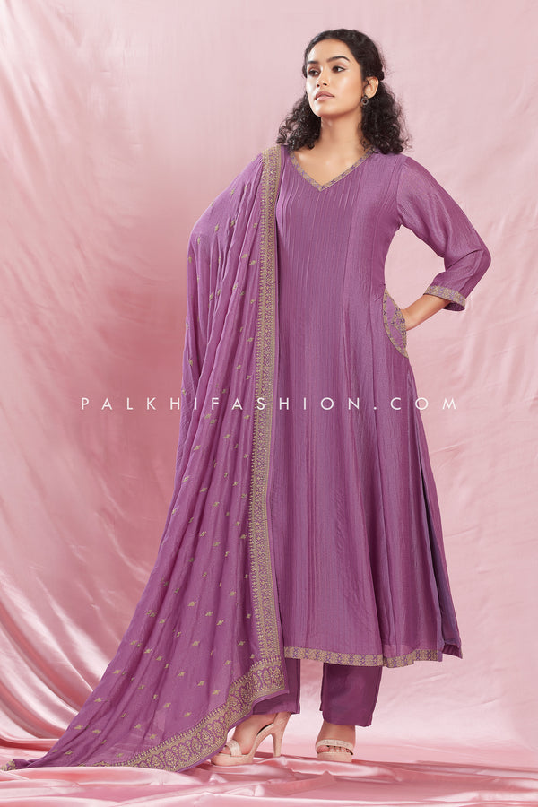 Graceful Lilac Anarkali Suit with Elegant Embroidery and Silk Dupatta