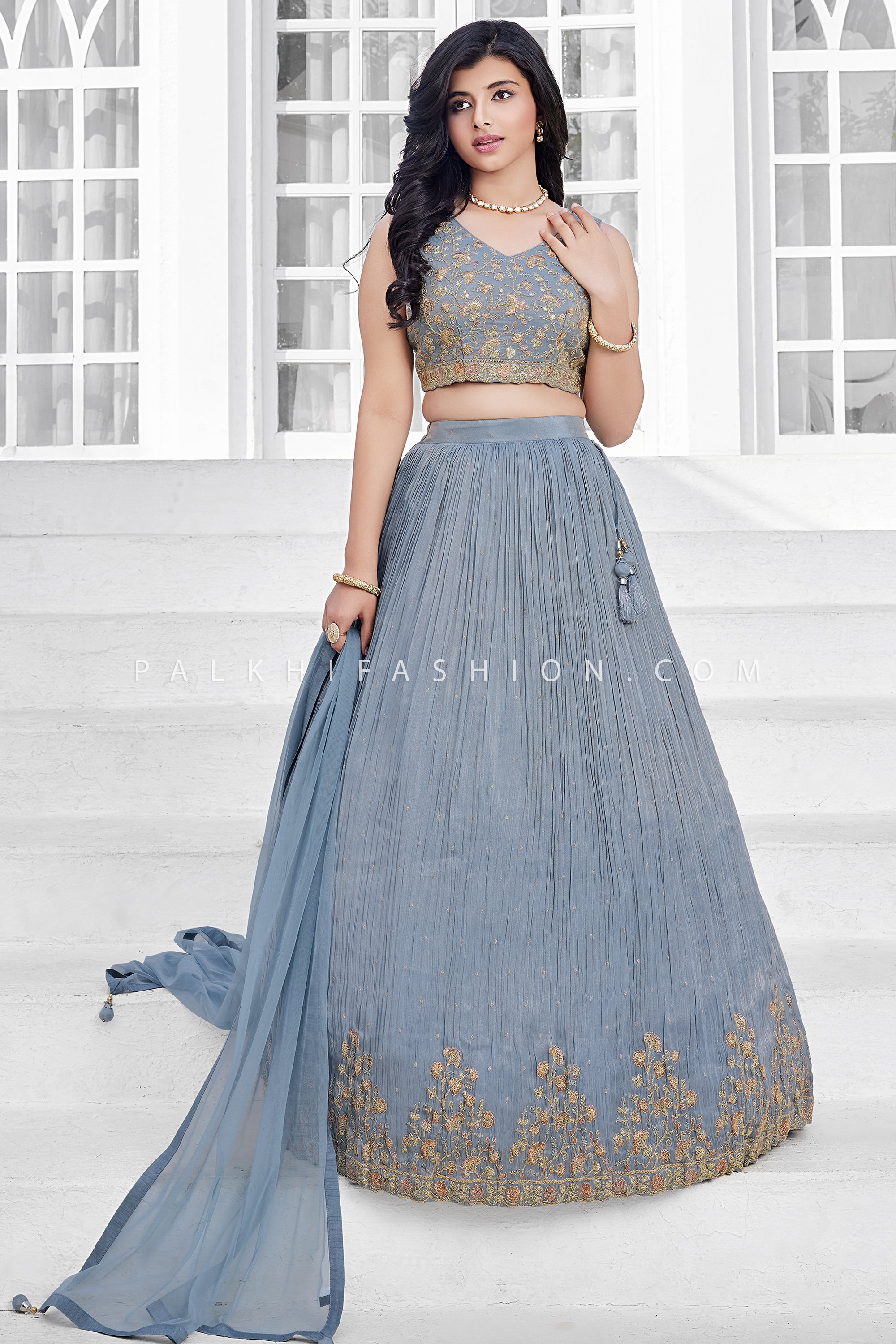 Grace in Grey: Grey Soft Silk Girls Lehenga Choli with Elegant Embroidery Work