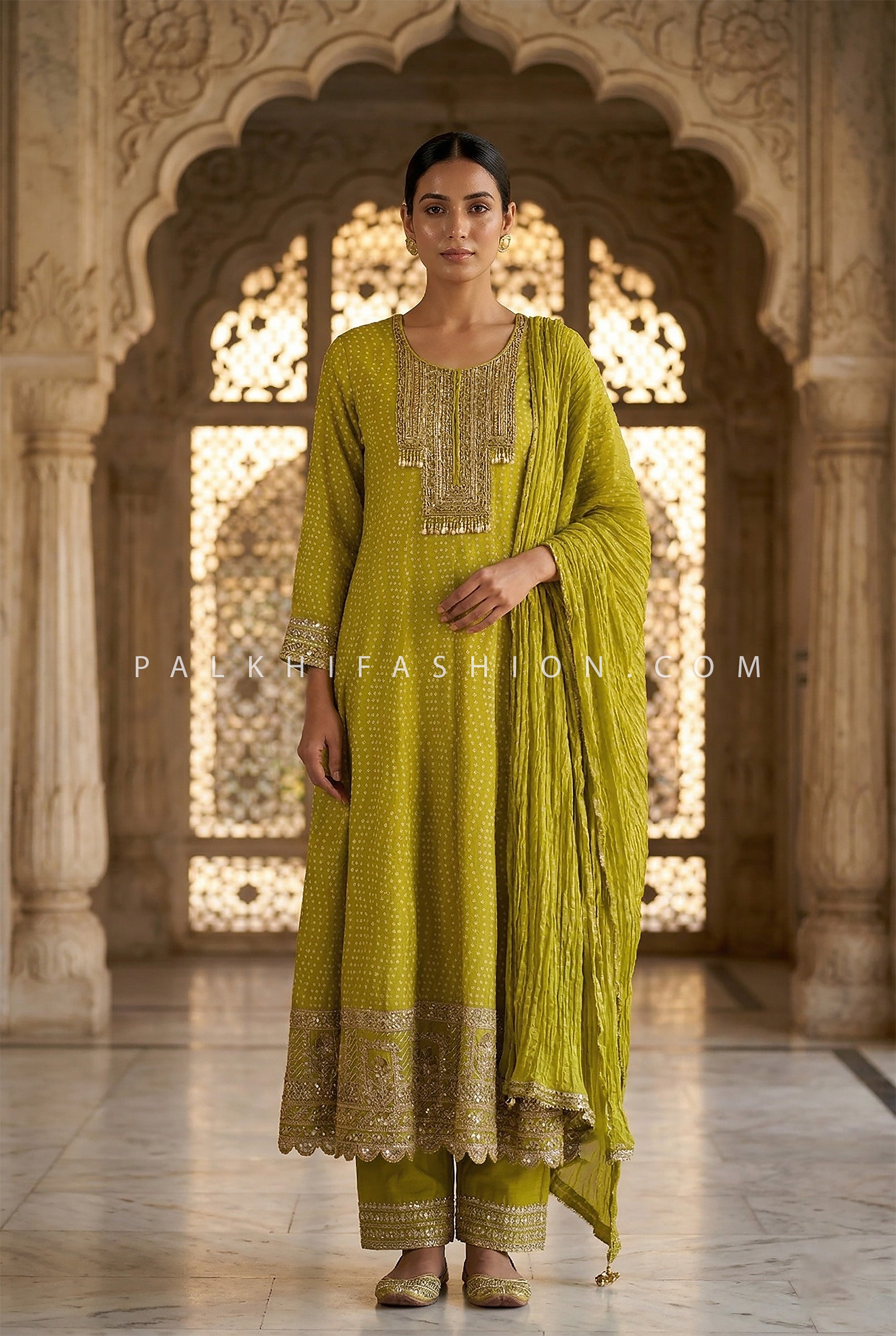 olive green anarkali dress Olive Green Bandhani Anarkali Suit for Mehendi