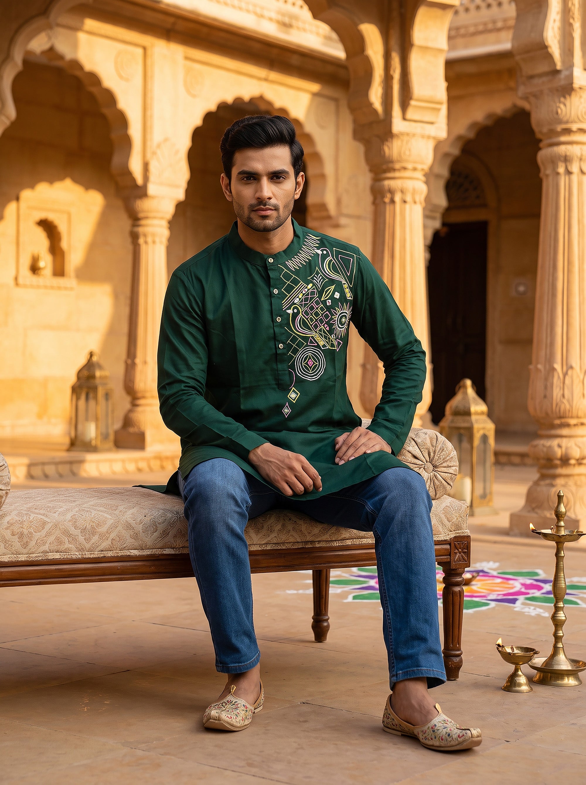 Mayur Raas | Bottle Green Premium Kurta Peacock Threadwork | Palkhi Fashion