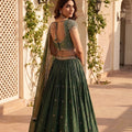 Emerald Majesty | Green Pure Tissue Silk Lehenga with Mirror Work & Cutdana Handwork | Palkhi Fashion