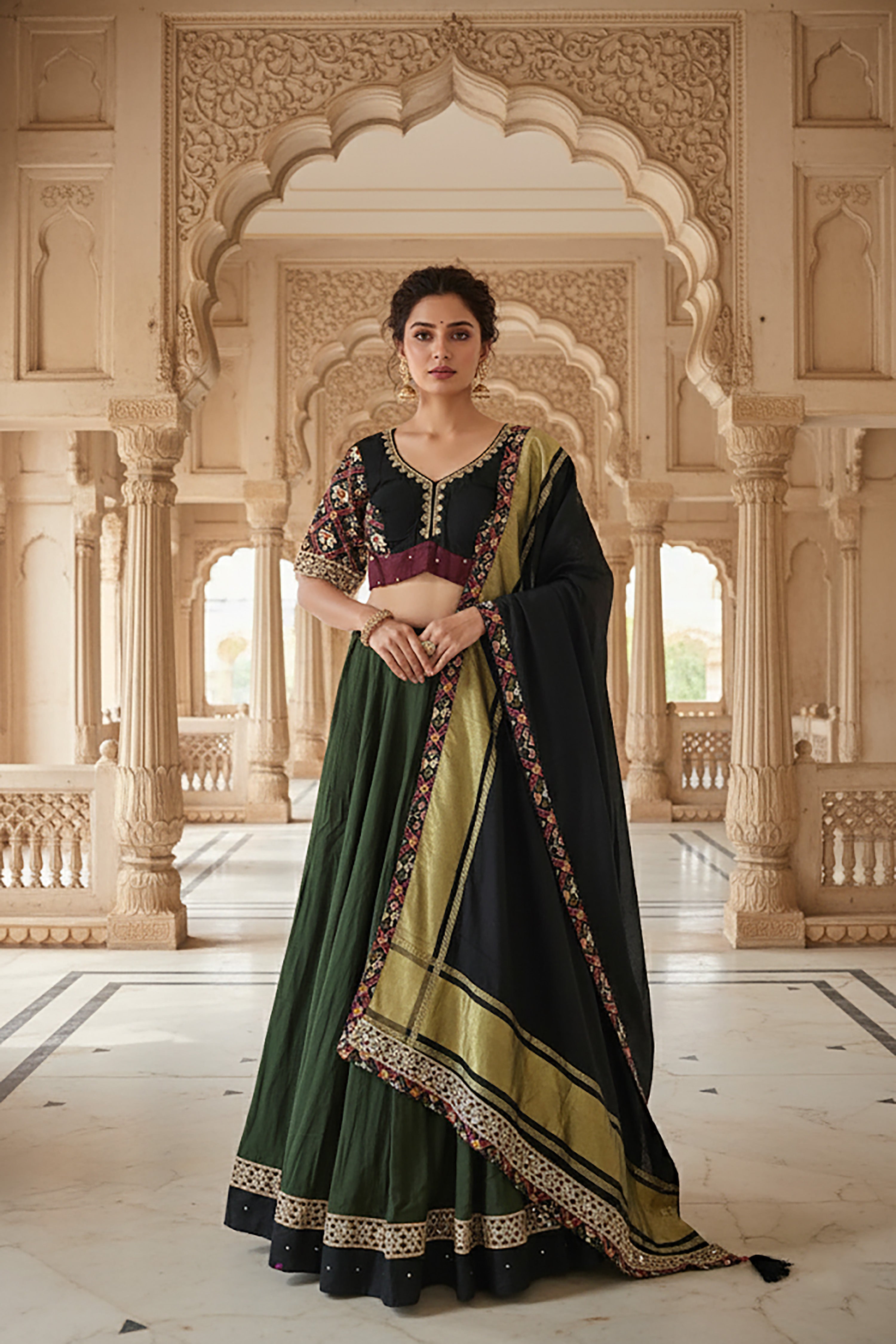 Green & Black Mirror-Work Chaniya Choli with Patola Blouse – Palkhi Fashion