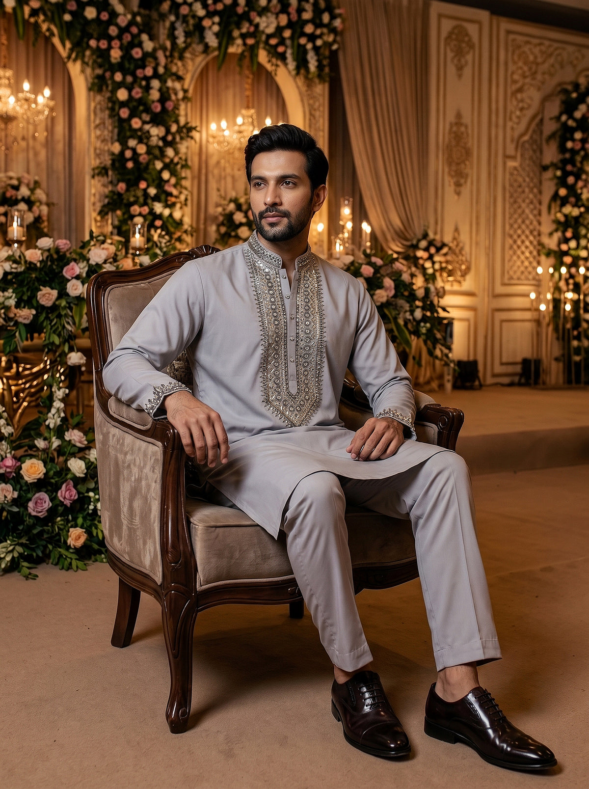 Silver Elegance | Designer Grey Cotton Blend Kurta Set with Cutdana and Beadwork | Palkhi Fashion