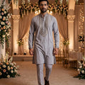 Silver Elegance | Designer Grey Cotton Blend Kurta Set with Cutdana and Beadwork | Palkhi Fashion