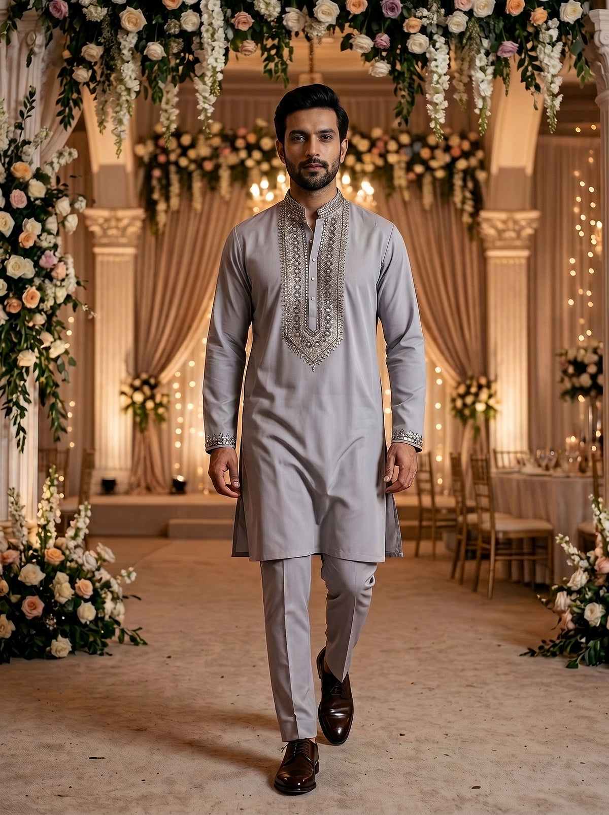 Silver Elegance | Designer Grey Cotton Blend Kurta Set with Cutdana and Beadwork | Palkhi Fashion