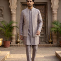 Regal Silver Gleam | Grey Raw Silk Kurta Set with Mirror Work Jacket | Palkhi Fashion