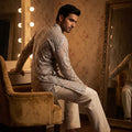 Silver Ash Elegance | Grey Soft Net Mens Kurta Set with Sequin Embroidery | Palkhi Fashion