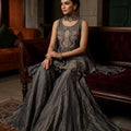Antique Aura | Designer Grey Tissue Silk Peplum Sharara Set with Choker Dupatta | Palkhi Fashion
