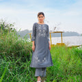 Steel Blue Serenity | Greyish Blue Premium Cotton Co-ord Set with Thread Embroidery | Palkhi Fashion
