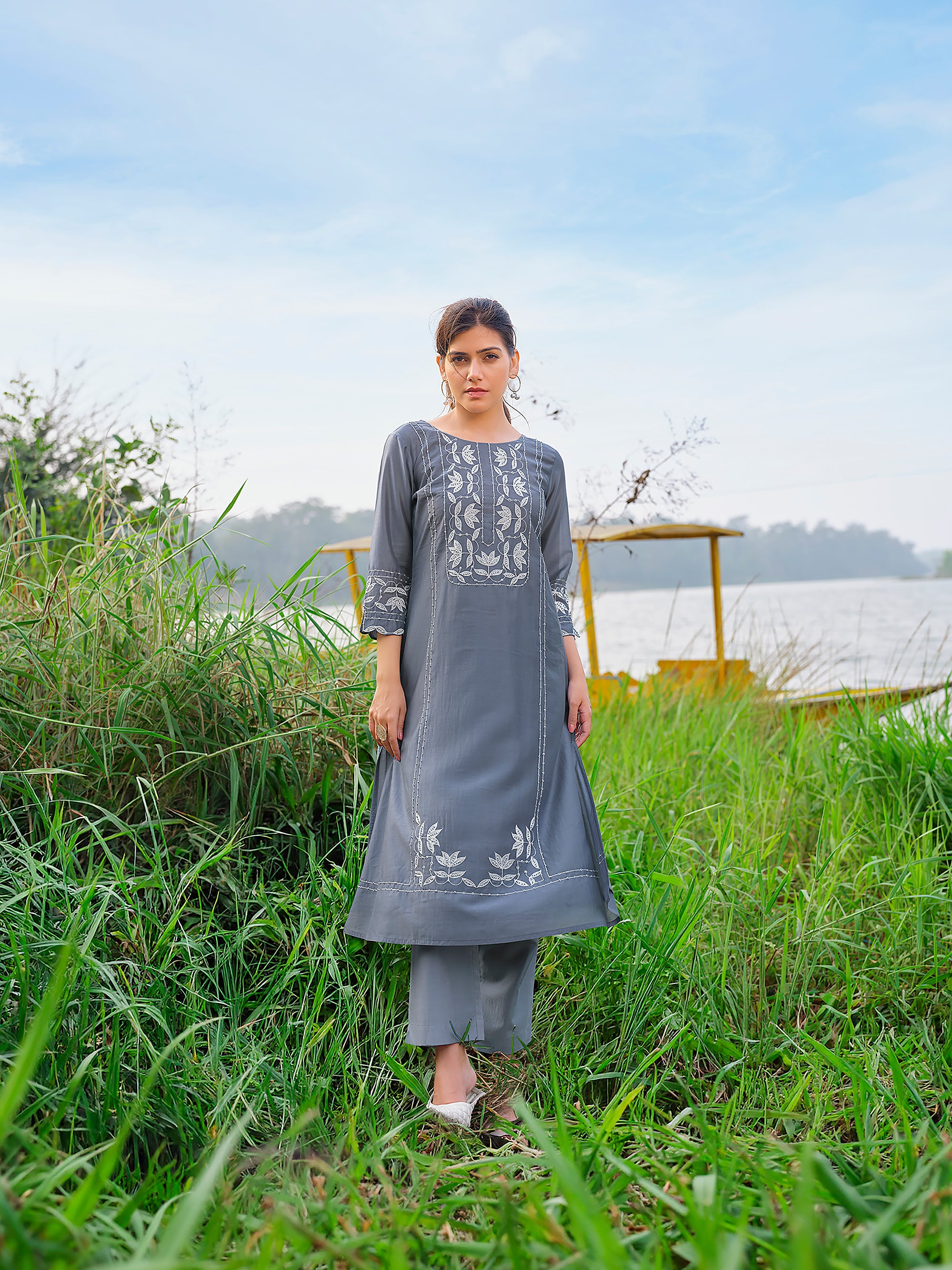 Steel Blue Serenity | Greyish Blue Premium Cotton Co-ord Set with Thread Embroidery | Palkhi Fashion