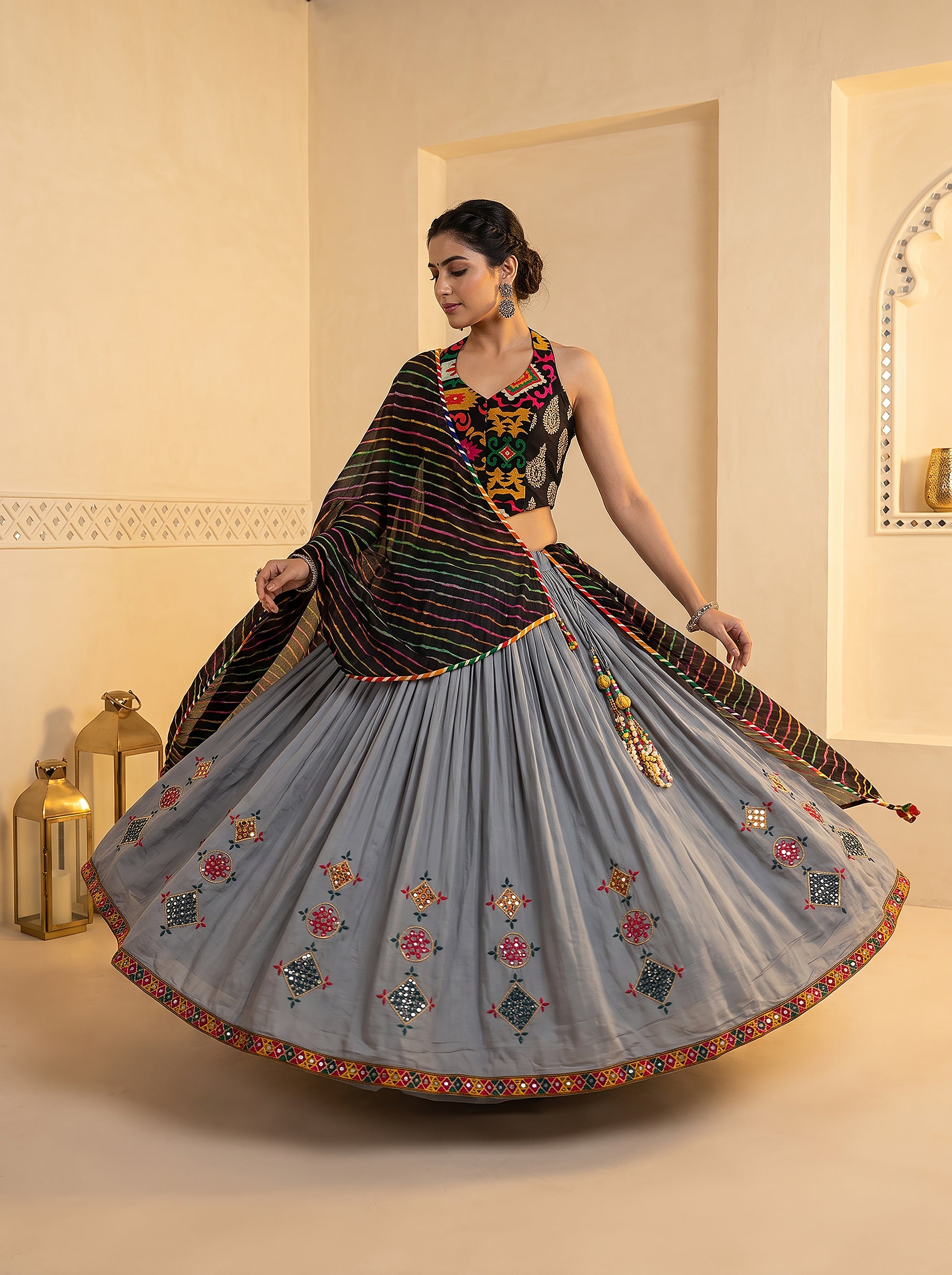 Grey Mirror Work Navratri Chaniya Choli with Ikat Gamthi Halter Top | Palkhi Fashion