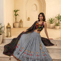 Grey Mirror Work Navratri Chaniya Choli with Ikat Gamthi Halter Top | Palkhi Fashion