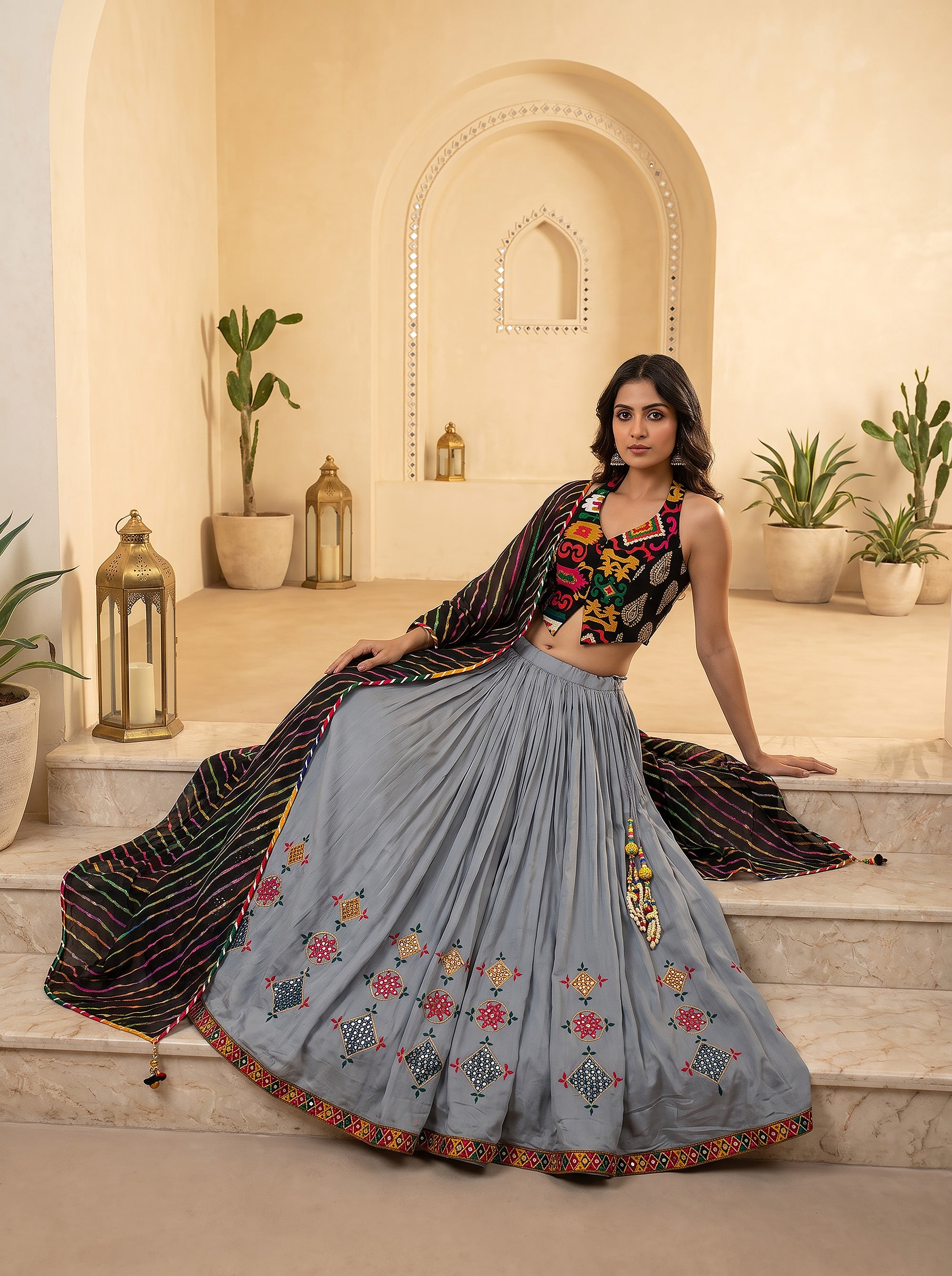 Grey Mirror Work Navratri Chaniya Choli with Ikat Gamthi Halter Top | Palkhi Fashion