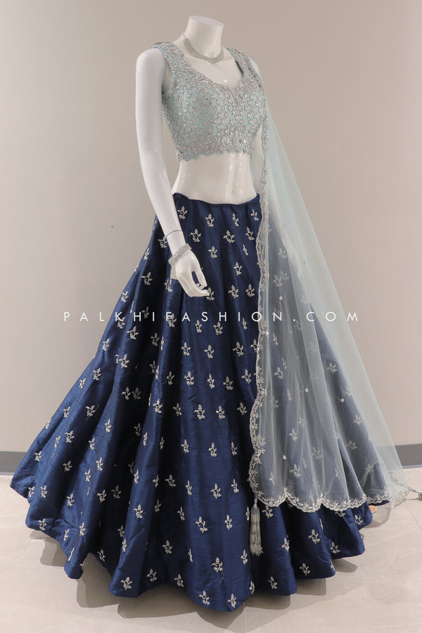 Handcrafted Elegance: Navy Blue Pure Silk Lehenga Choli