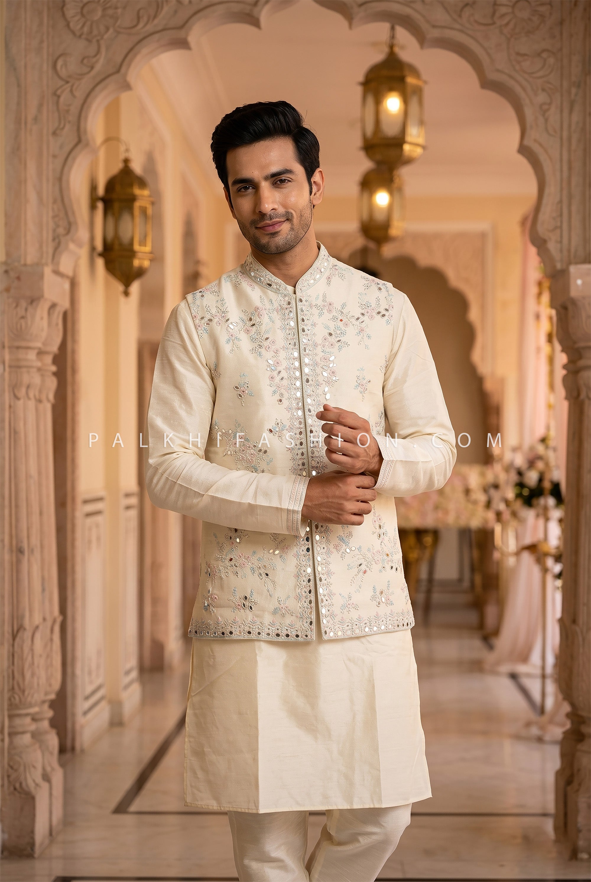 Heritage Frost Aura - Cream Mirror Work Jacket Kurta Set for Men | Palkhi Fashion