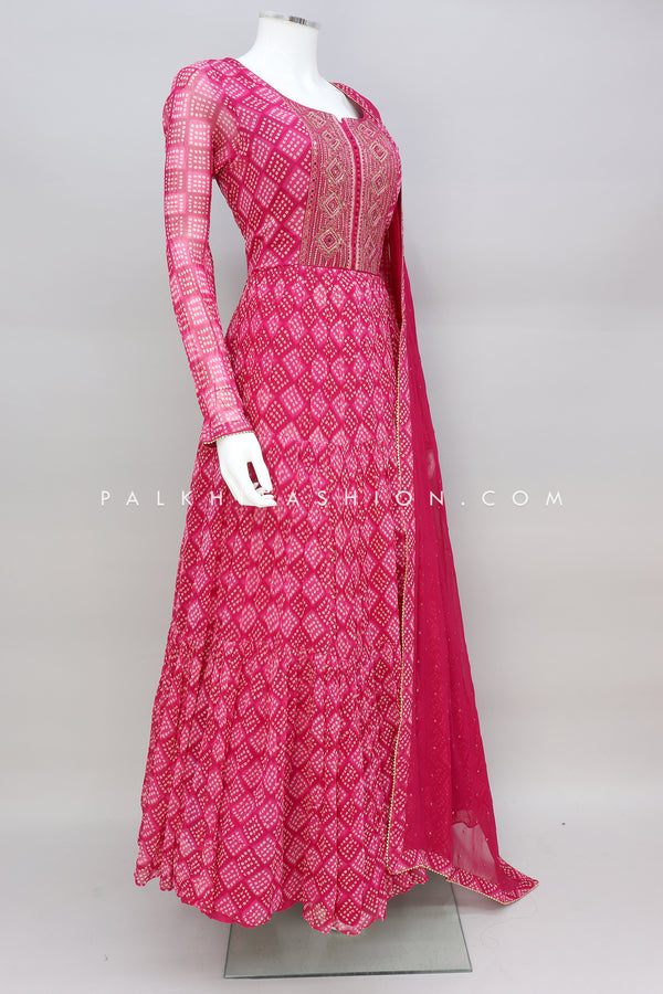 Rani Pink Pure Georgette Bandhani Outfit