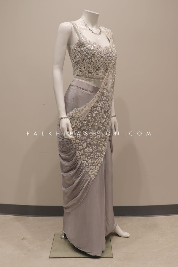 Luxurious Silver Ash Ready-to-Drape Indian Designer Outfit