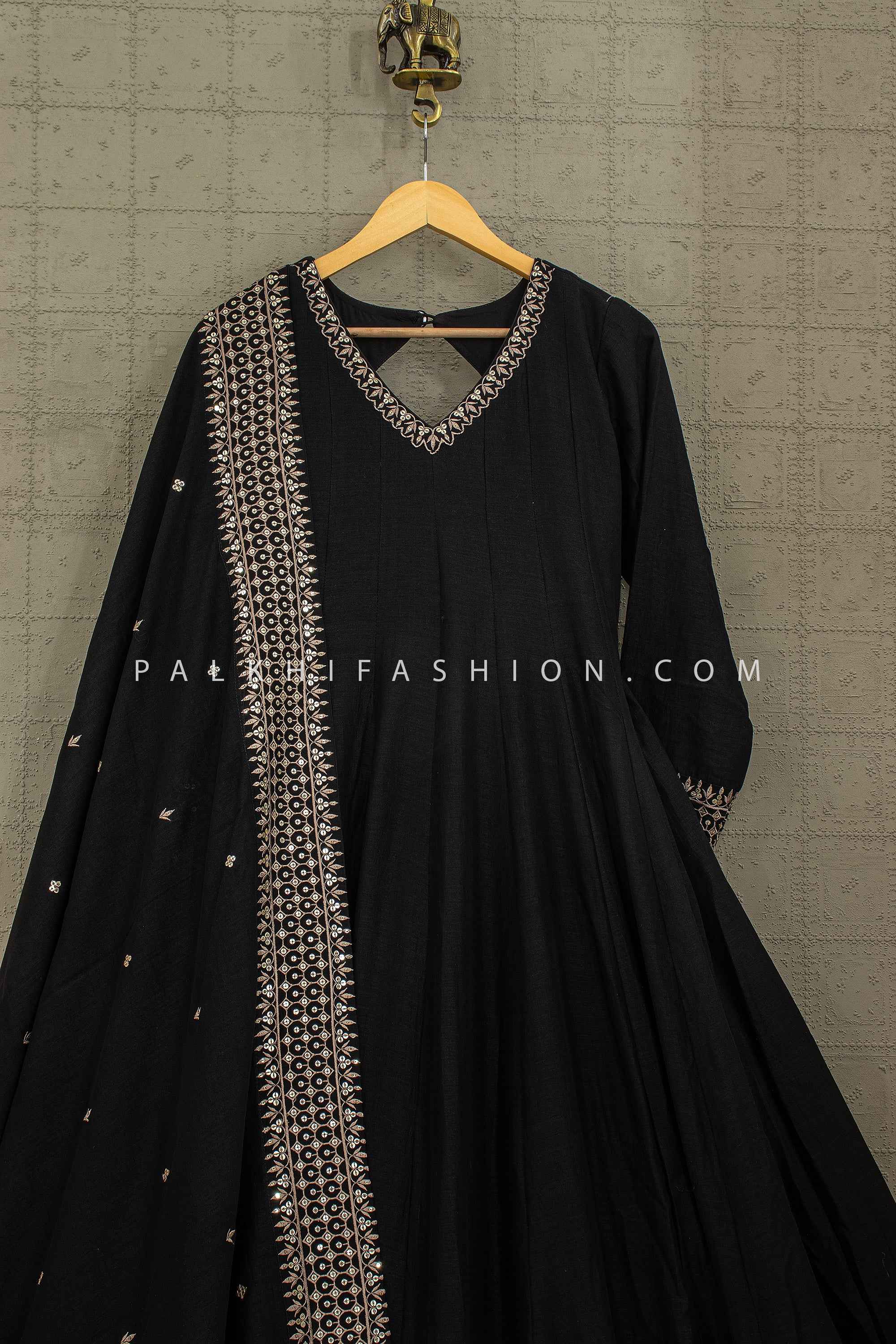 Classic Couture Muse – Elegant Black Designer Silk Gown with Dupatta – Palkhi Fashion
